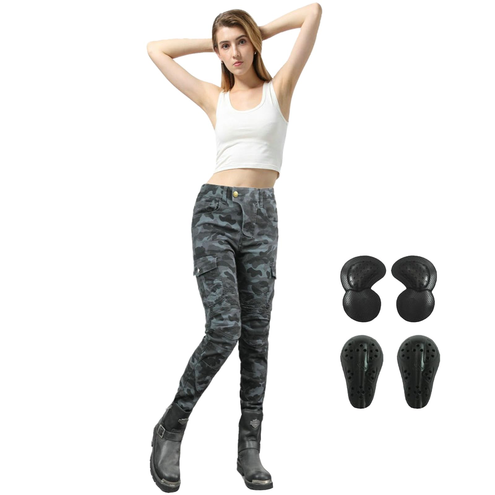 HULG Pantalones De Moto Para Mujer Con Equipo De Protección, Pantalones De Moto De Camuflaje, Pantalones De Moto Elásticos XXS-M (Camouflage-blue,S)