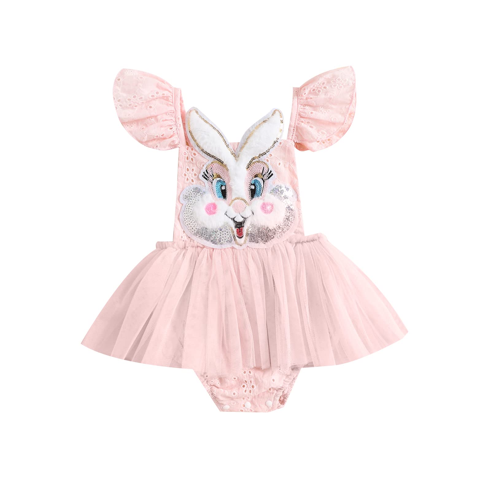 Cevoerf Infant Baby Girl Easter Outfit Fly Sleeve Backless Bunny Romper Dress Sequin Tutu One-Piece Easter Clothes 0-24M
