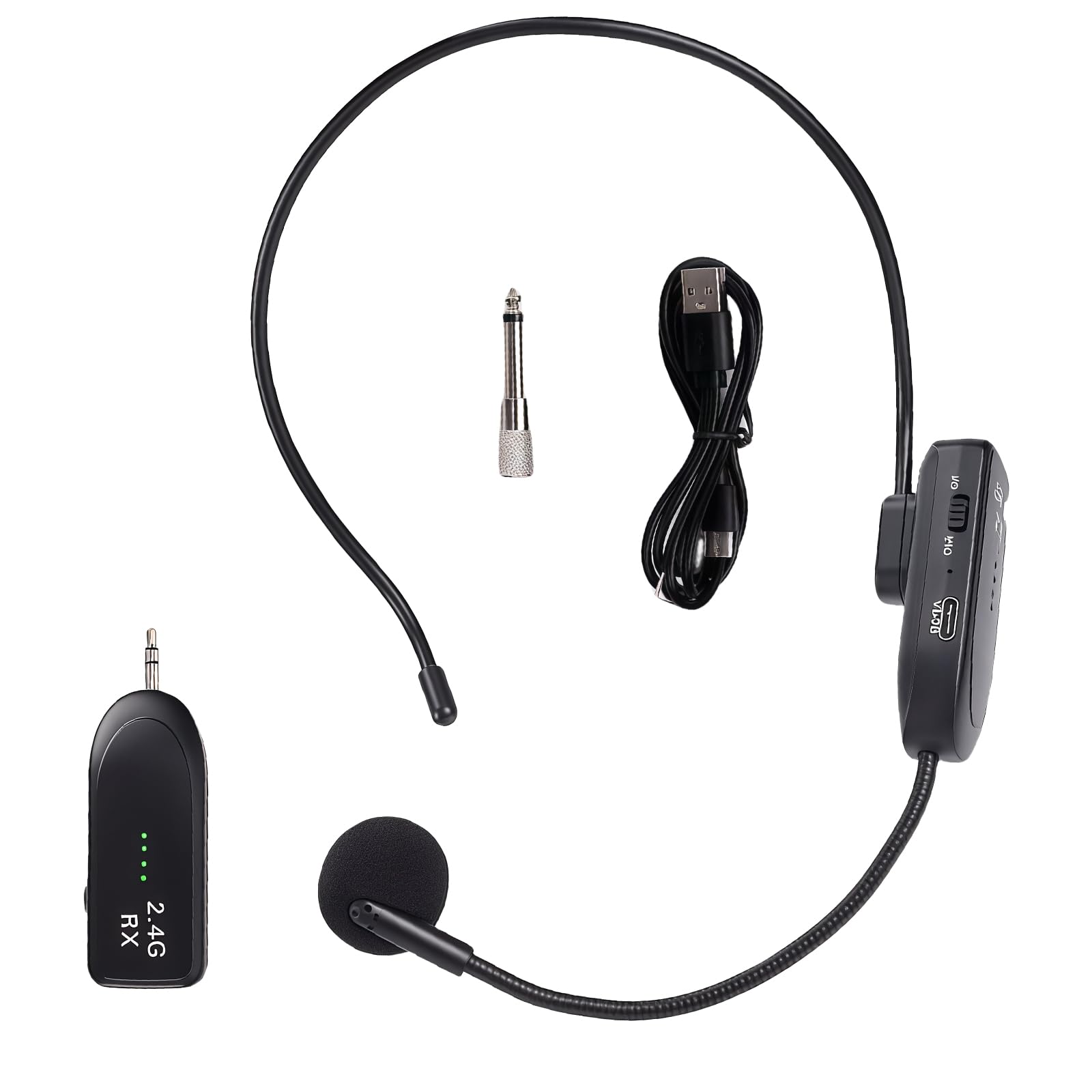 Micrófono inalámbrico con auriculares: Micrófono inalámbrico recargable 2,4G UHF, micrófono sin cables con alcance de 30M, micrófono de cabeza y de mano 2 en 1 para enseñanza