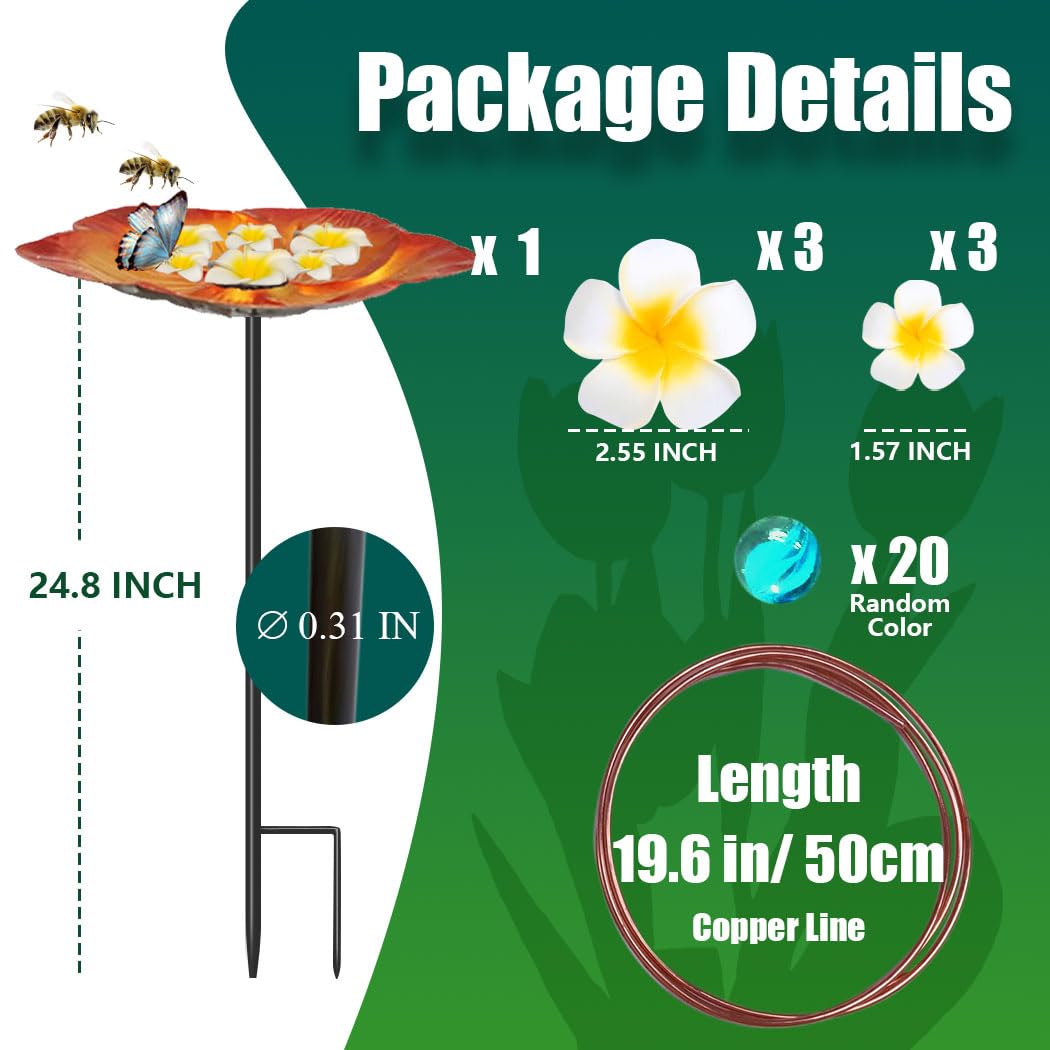 Bee Watering Station - Metal Waterer with 99.9% Pure Copper Line Keep Water Fresh/Plumeria Rubras & Colorful Marbles to Attract Bees/Butterflies/Hummingbirds, Nice Plant Shade Garden Decor Gift