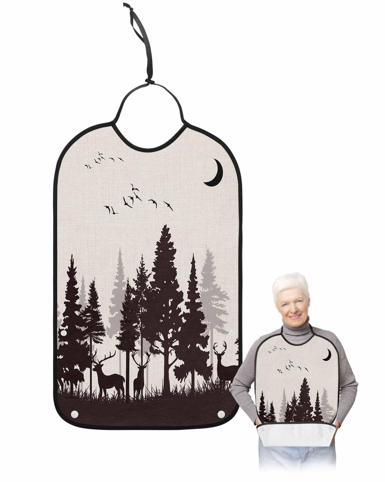 LEOKOTI Black Forest Adult Bibs for Eating, Waterproof Bibs with Food Catcher & Adjustable Snap Closure, Pastoral Deer Animals Silhouette Rustic Washable Clothing Protectors Adult Bibs for Elderly
