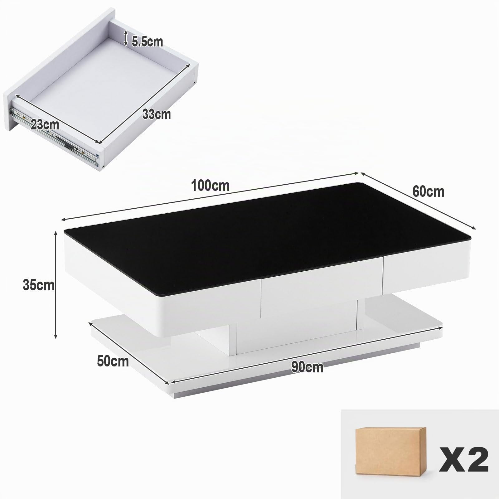 TUKAILAI Hochglanz Couchtisch mit 2 Schubladen und 8 mm Gehärtetem Glas, Glas Kaffeetisch Wohnzimmertisch mit Stauraum für Büro, Wohnzimmer, Möbel, Empfang, Wartebereich, Wartebereich Tisch