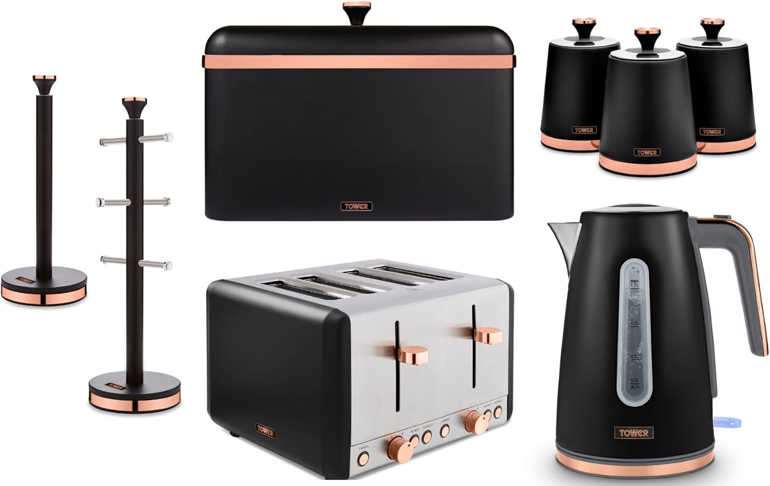 TOWER Cavaletto Black & Rose Gold Jug Kettle, 4 Slice Toaster, Bread