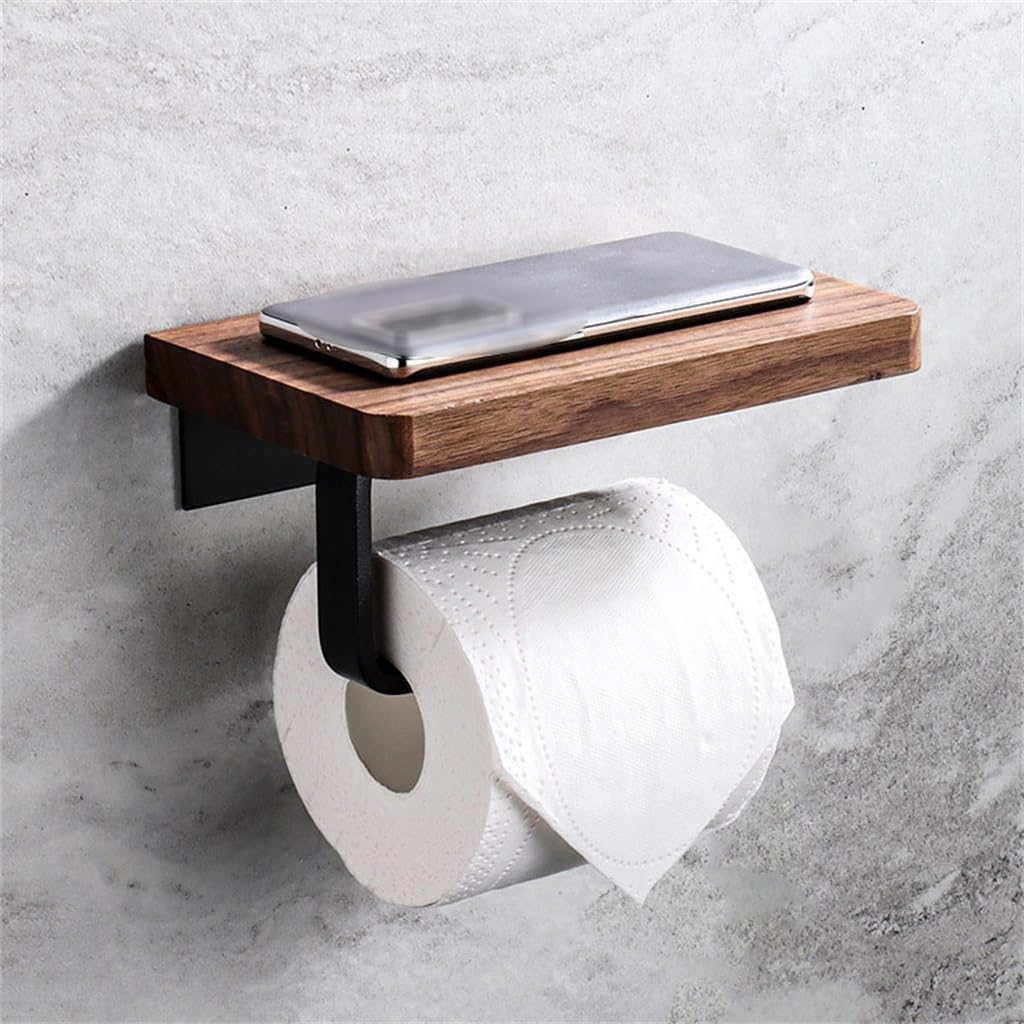 Solid Wood Paper Towel Holder Perforation-Free Toilet Dispenser Phone Black Walnut