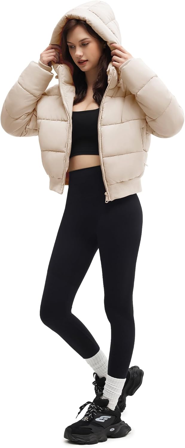 WHN Women's Cropped Puffer Jacket Warm Quilted Short Coat with Detachable Hood Zippered Pockets - Image 4