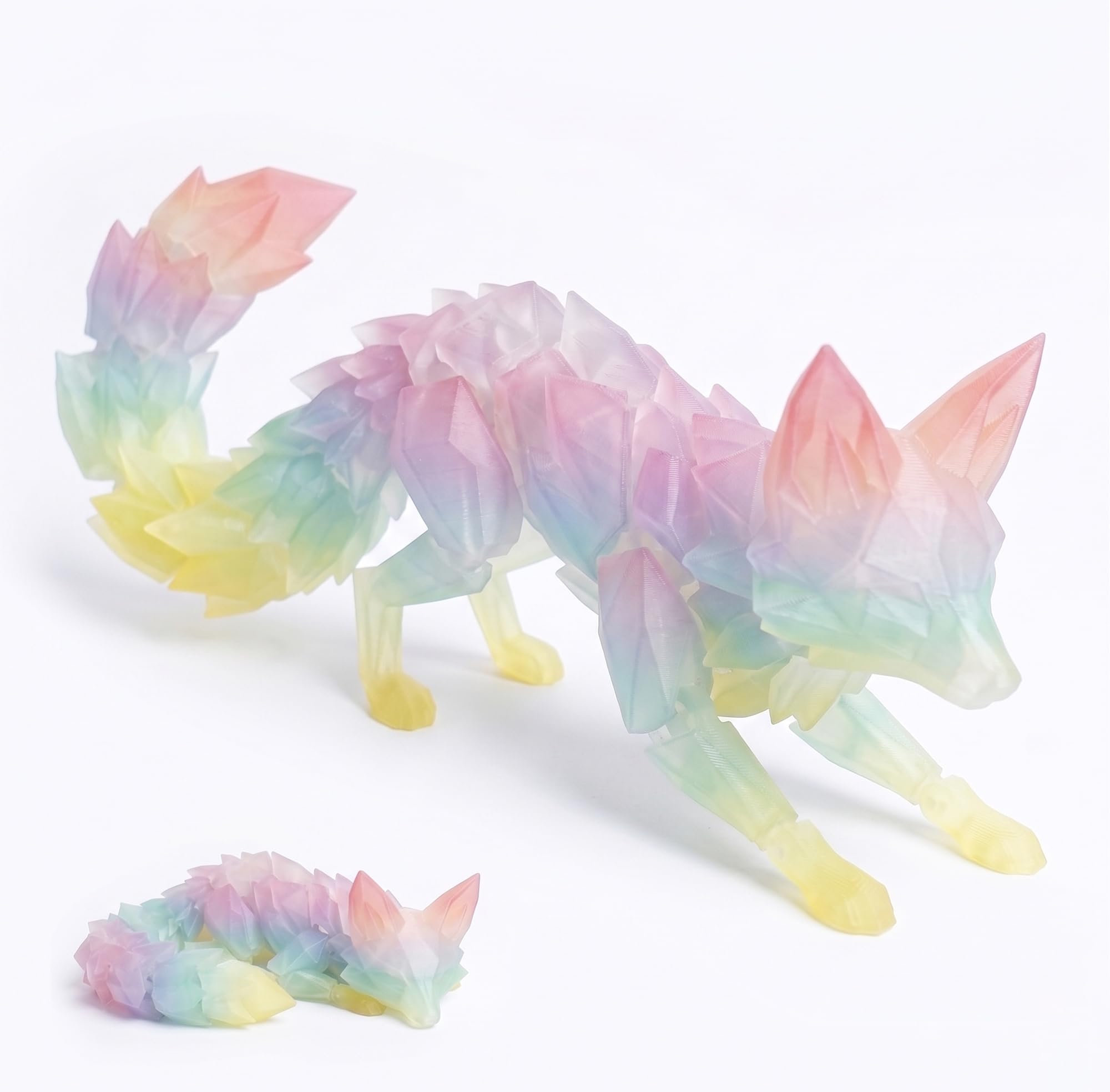 3D Printed Articulated Fox Figurine, Animal Fidget Toy with Movable Joints, Geometric Desktop Ornament for Home Office Shelf Decor (Rainbow,L)
