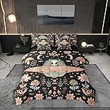 Manfei Alien Black Full Bedding Set 7 Pieces,Outer Space Spaceship Starry Moon Comforter Set with Sheets for Kids,Pink Mushroom Nature Botanical Flowers Plants Bed Set in a Bag with Pillow Covers
