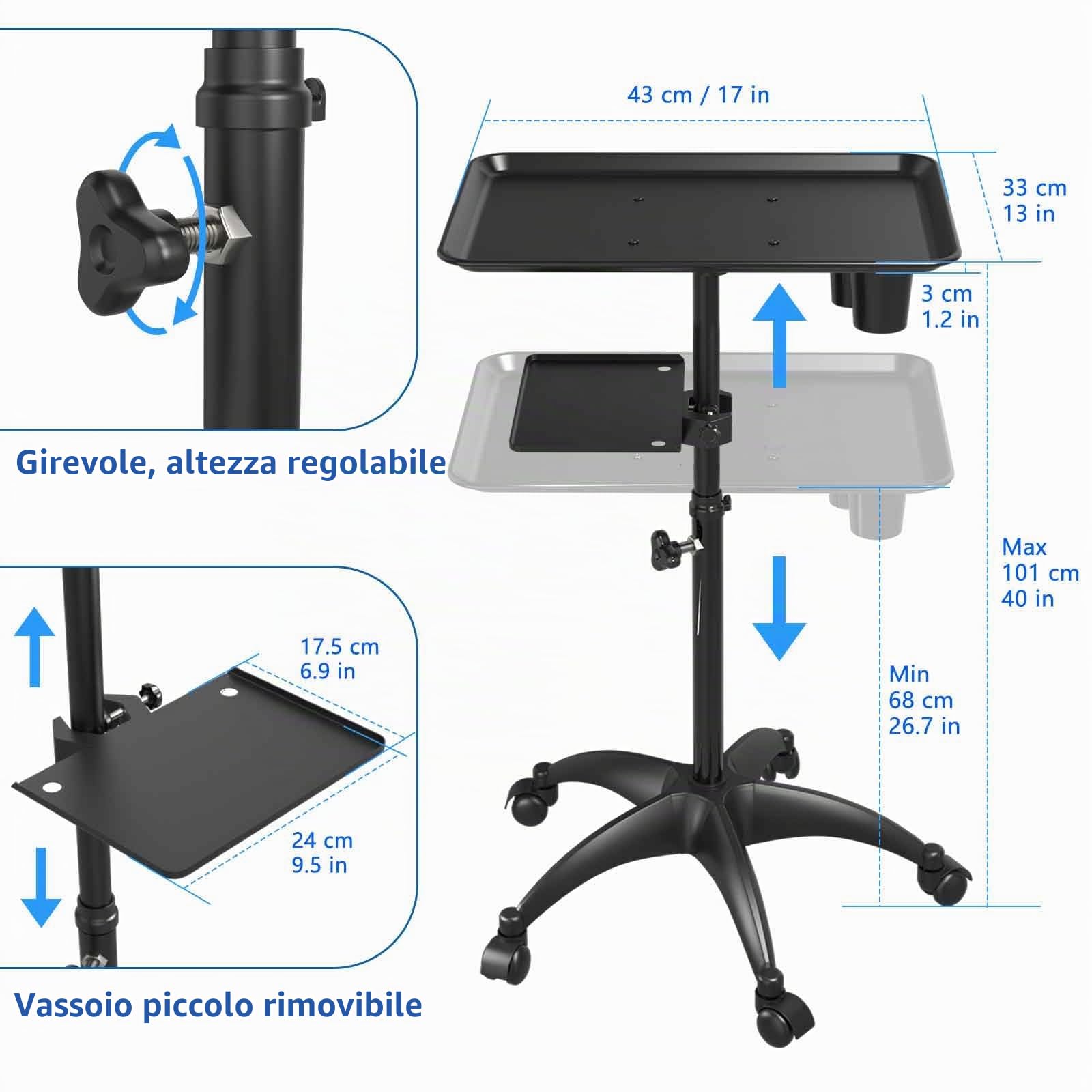 Vassoio di parrucchiere, Carrello per vassoi da salone con piattaforma portaoggetti, vassoio per tatuaggi in alluminio con carrello a ruote regolabile in altezza