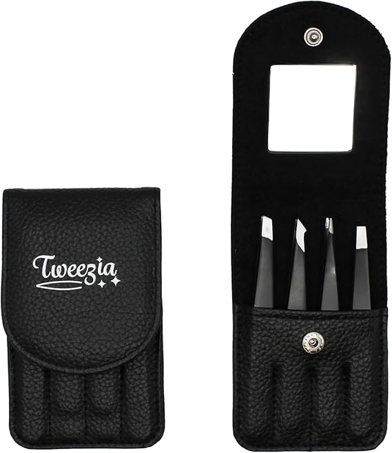 TWEEZIA Stainless Steel Tweezer Set - 4 Precision Tweezers with Mirror & Leather Case - Ideal Eyebrow Kit, Ingrown Hair Tweezers, Splinter Removal Kit or Pointed Tweezers for Beauty and Personal Care