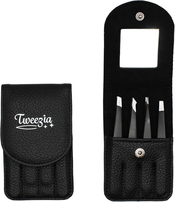 TWEEZIA Stainless Steel Tweezer Set - 4 Precision Tweezers with Mirror & Leather Case - Ideal Eyebrow Kit, Ingrown Hair Tweezers, Splinter Removal Kit or Pointed Tweezers for Beauty and Personal Care