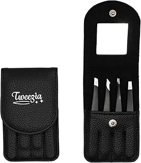 TWEEZIA Stainless Steel Tweezer Set - 4 Precision Tweezers with Mirror & Leather Case - Ideal Eyebrow Kit, Ingrown Hair Tweezers, Splinter Removal Kit or Pointed Tweezers for Beauty and Personal Care
