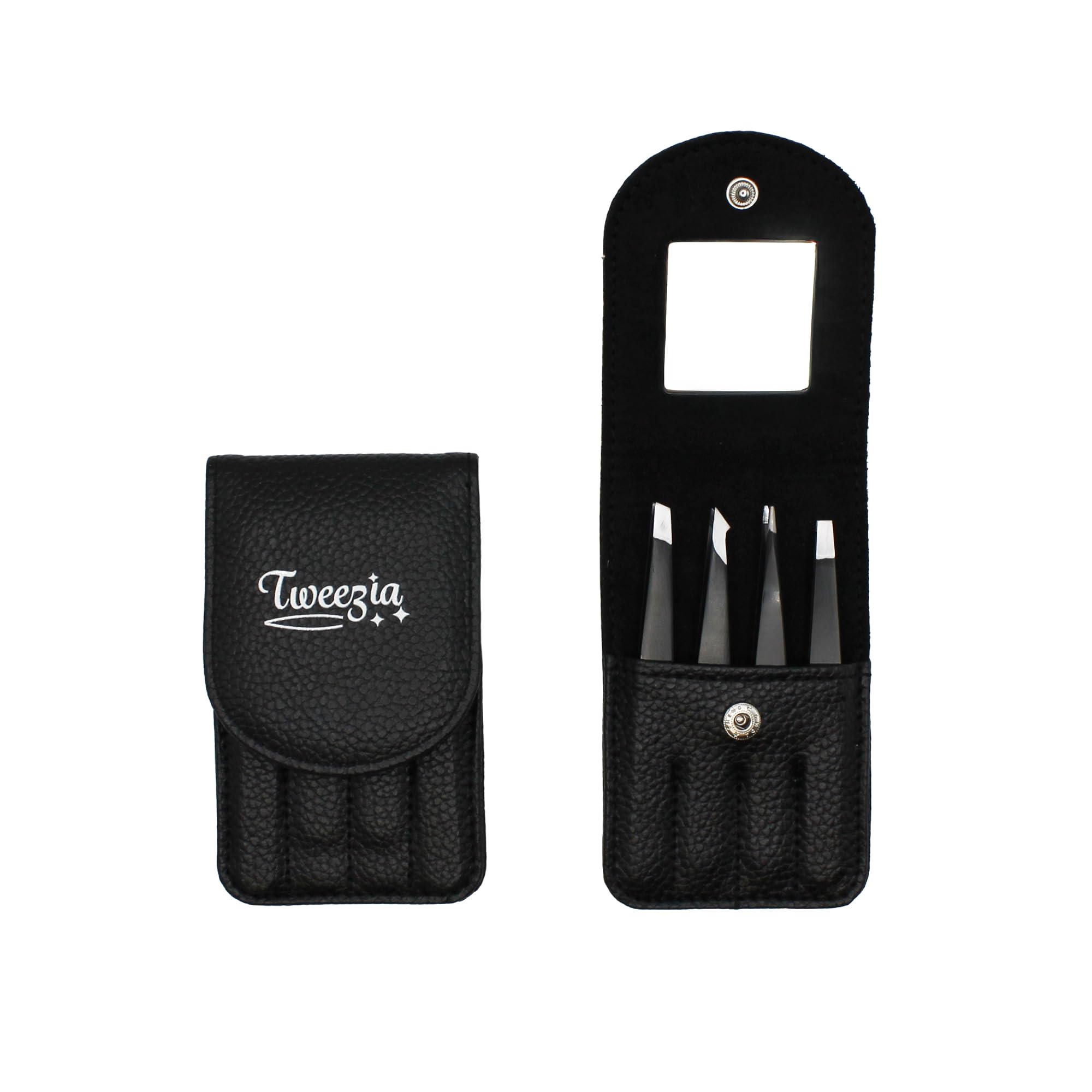 TWEEZIA Stainless Steel Tweezer Set - 4 Precision Tweezers with Mirror & Leather Case - Ideal Eyebrow Kit, Ingrown Hair Tweezers, Splinter Removal Kit or Pointed Tweezers for Beauty and Personal Care