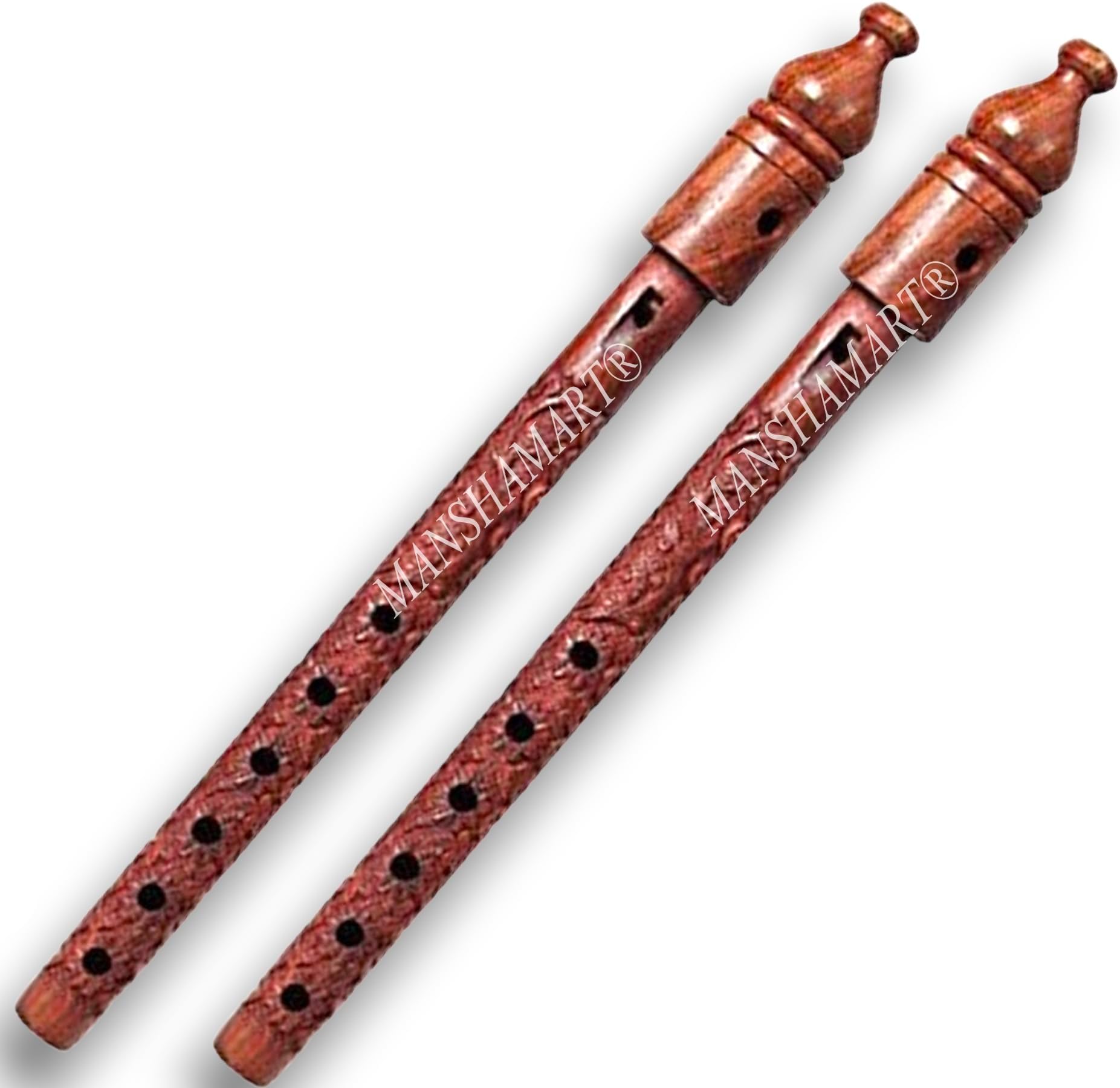 Set of 2 - 17 Inch Flute Basuri, Wooden Hand Carved, Lord Krishna Bansuri, Indian Musical Instrument, Home Decorative, Woodwind, Musical Mouth Flute/Bansuri, Brown, D Key