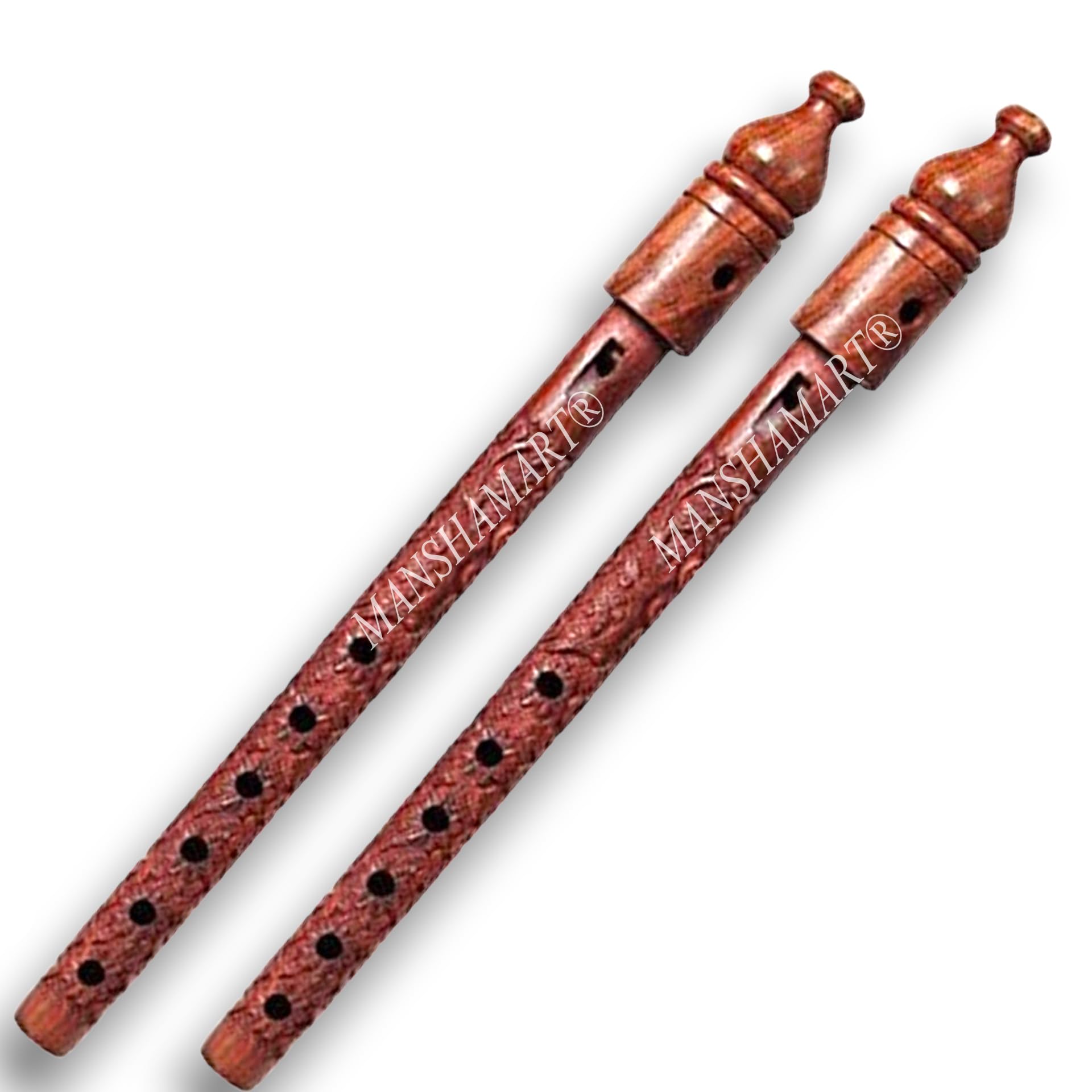 Set of 2 - 17 Inch Flute Basuri, Wooden Hand Carved, Lord Krishna Bansuri, Indian Musical Instrument, Home Decorative, Woodwind, Musical Mouth Flute/Bansuri, Brown, D Key
