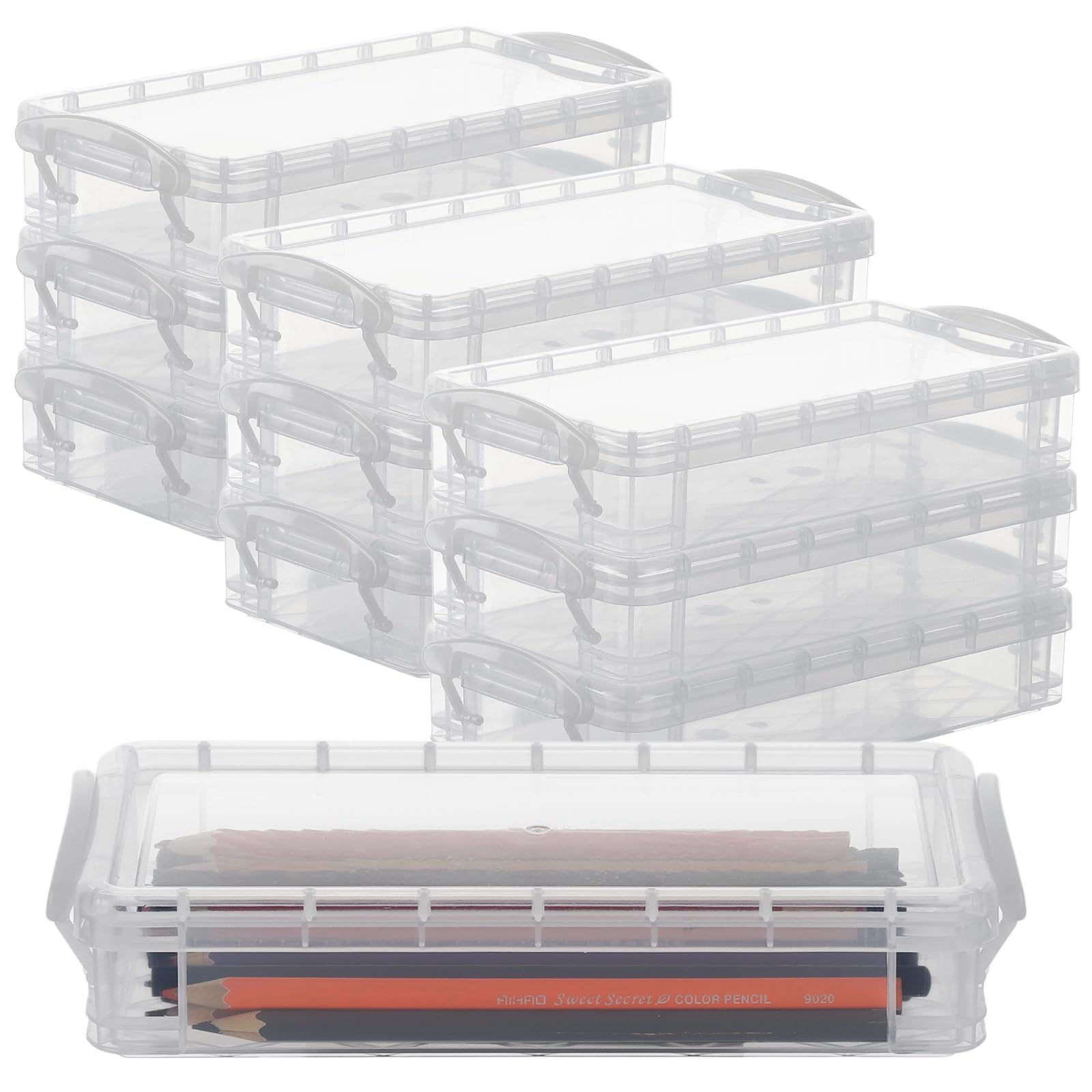Anjetan 10 Pack Pencil Box, Large Capacity Plastic Pencil Case with Lid Snap-Tight, Stackable Hard Pencil Cases for Office School Pen Marker, Clear Storage Organizer Containers