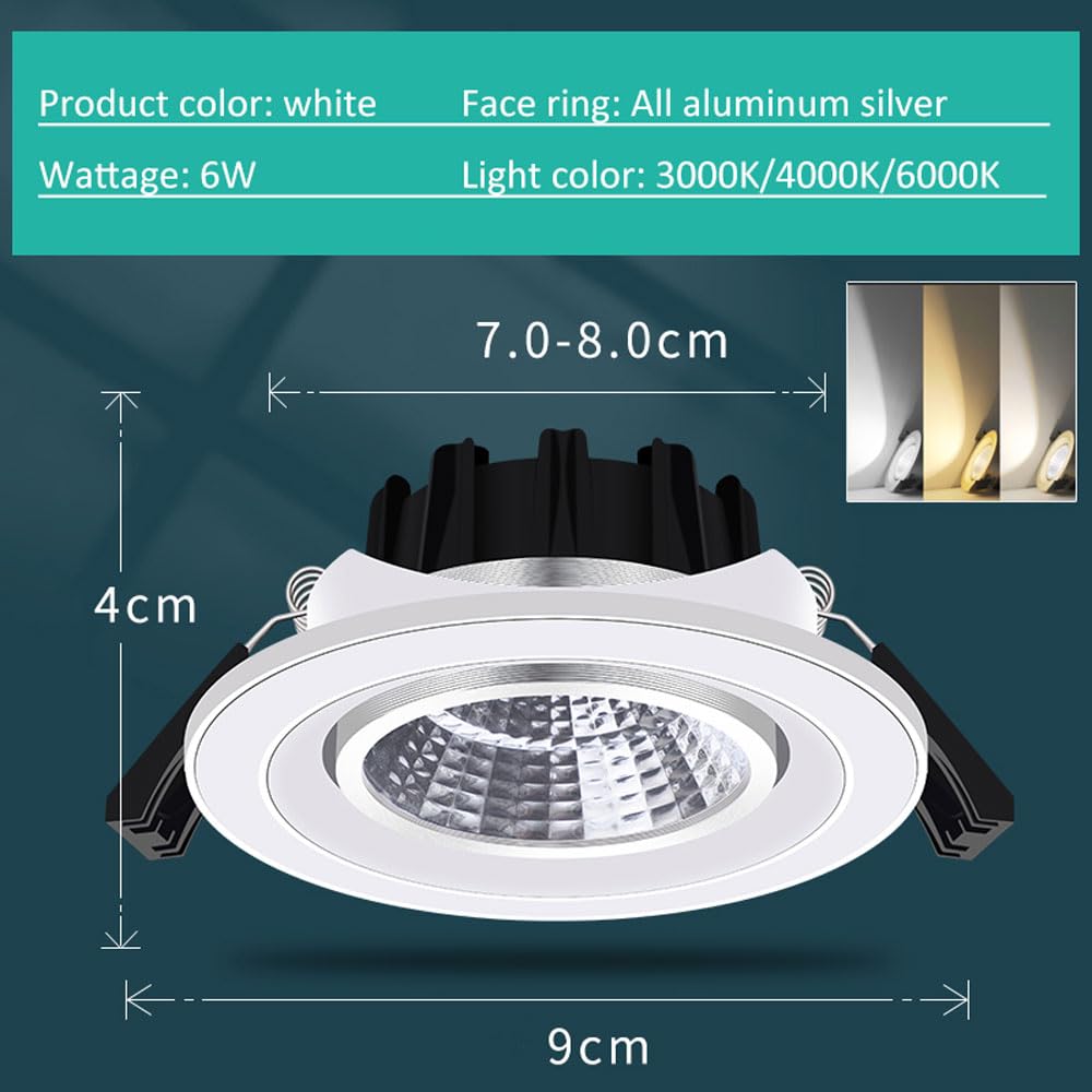 Paquete De 7 Focos Led COB Empotrables De 6 W con Ángulo Ajustable Y Antideslumbrante para Techo De Sala De Estar, 3000 K/4000 K/6000 K (Opcional),A-3000K