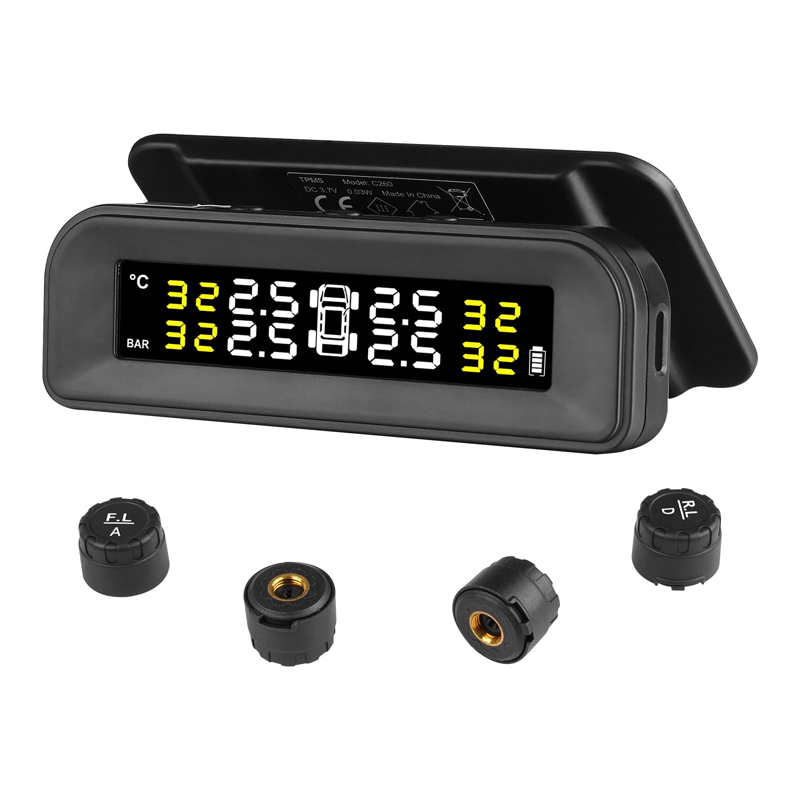 VEVOR Sistema di Monitoraggio Pressione dei Pneumatici per Camper 7.3-87psi Rimorchio TPMS Sistema di Allarme per Auto Wireless Universale Kit Sensore TPMS Impermeabile con Carica Solare 4 Sensori