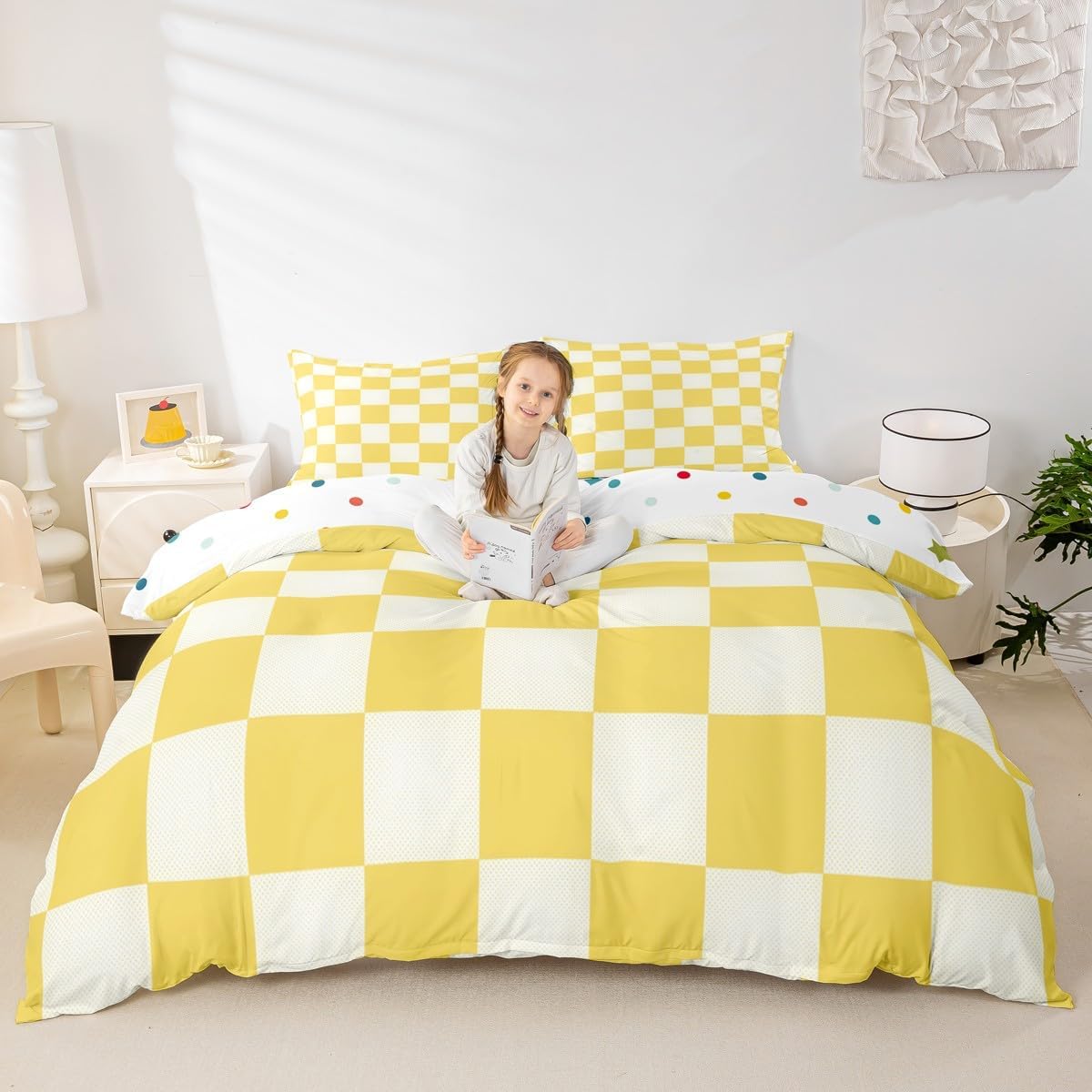 Castle Fairy Checkered Duvet Cover Toddler Size,Yellow Geometric Plaid Soft Bedding Set,Checkerboard Grid Pattern Comforter Cover 2PCS,Classic Gingham Quilt Cover,1 Pillowcase(Not Comforter)
