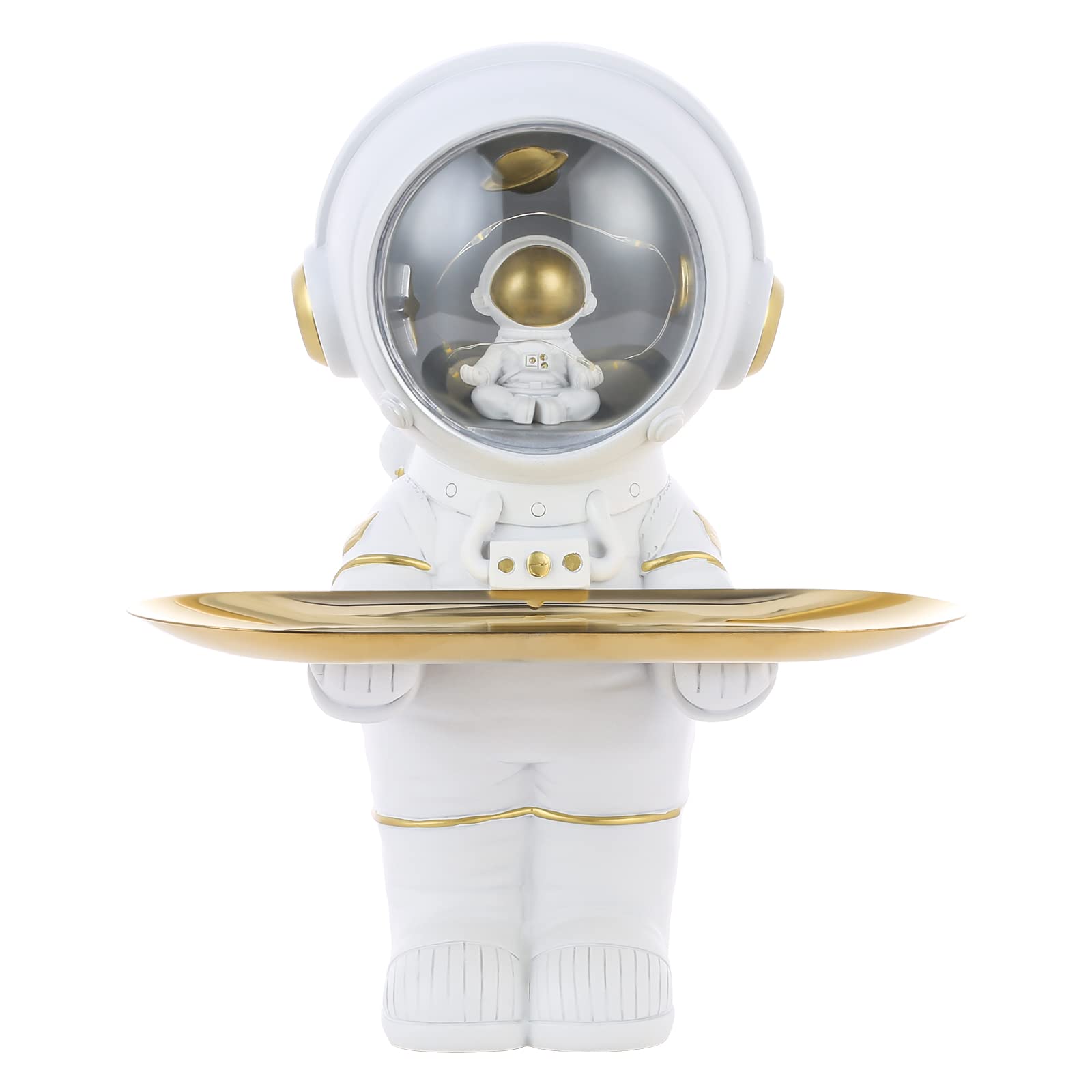 Tooarts Soporte para astronauta, bandeja de metal, escultura de astronauta, luz de resina, adorno de entrada, llave, cosméticos, baratijas, almacenamiento, sala de estar, escritorio, decoración,