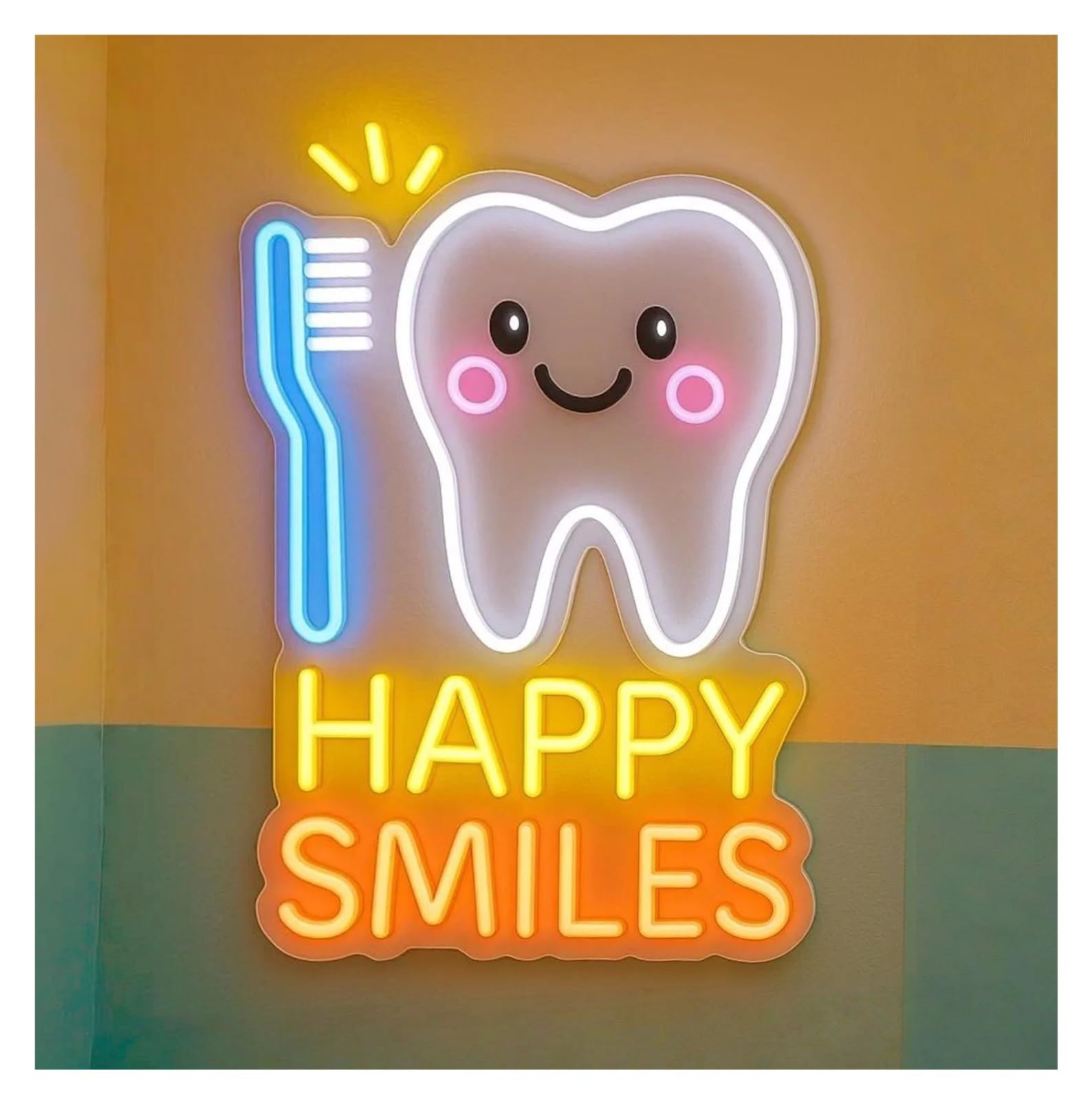 RONGCH Hanging Art Signs Dental Clinic Decor Happy Smiles Neon Sign Cute Tooth Kids Dental Doctor Office Hospital Display Dimmable 50cm