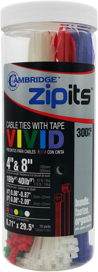 Cambridge ZipIts Nylon 6/6 UL Listed Cable Tie Kit 300 Pack Assortment of 4-in and 8-in Self Locking Assorted Colors Zip Ties, Includes 1 Roll of Black Electrical Tape, Contractor Quality and Strength