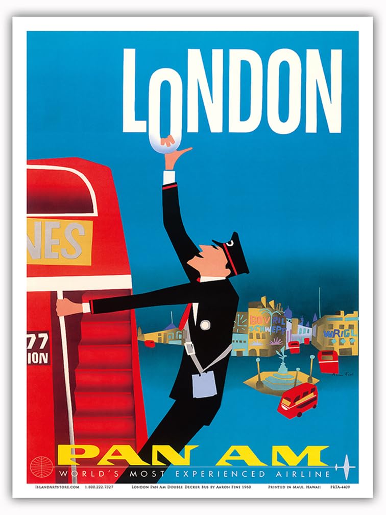 Pacifica Island ArtLondon - Double Decker Buses, Bovril and Schweppe - Pan American World Airways - Vintage Airline Travel Poster by Aaron Fine c.1950s - Master Print 9" x 12" PRTA4409