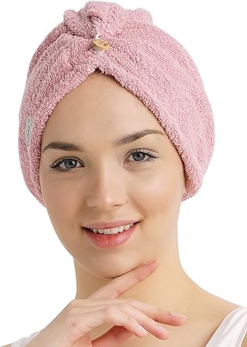 Gelvaris Home Toalla de algodón para mujer con 2 botones  Superabsorbente  Envolturas para el cabello húmedo para mujer  No microfibra  Toalla de