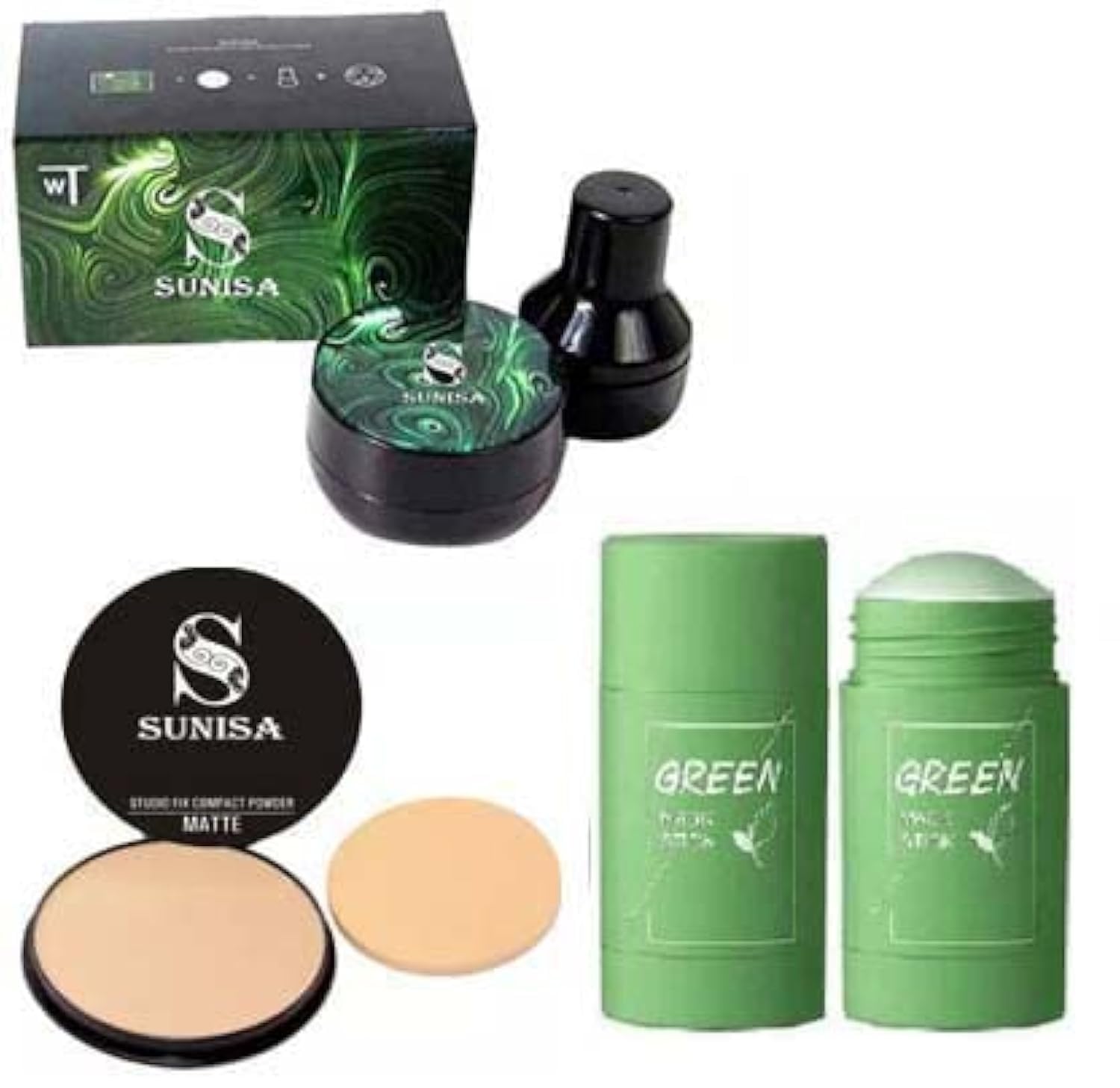 SUNISA 1 Bb And Cc Cream Full Coverage Natural Foundation For All Skin Type With Mushroom Head Air Cushion 20G And 1 Studio Fix Compact Powder With 1 Green Tea Stick Mask - (Pack Of 4)