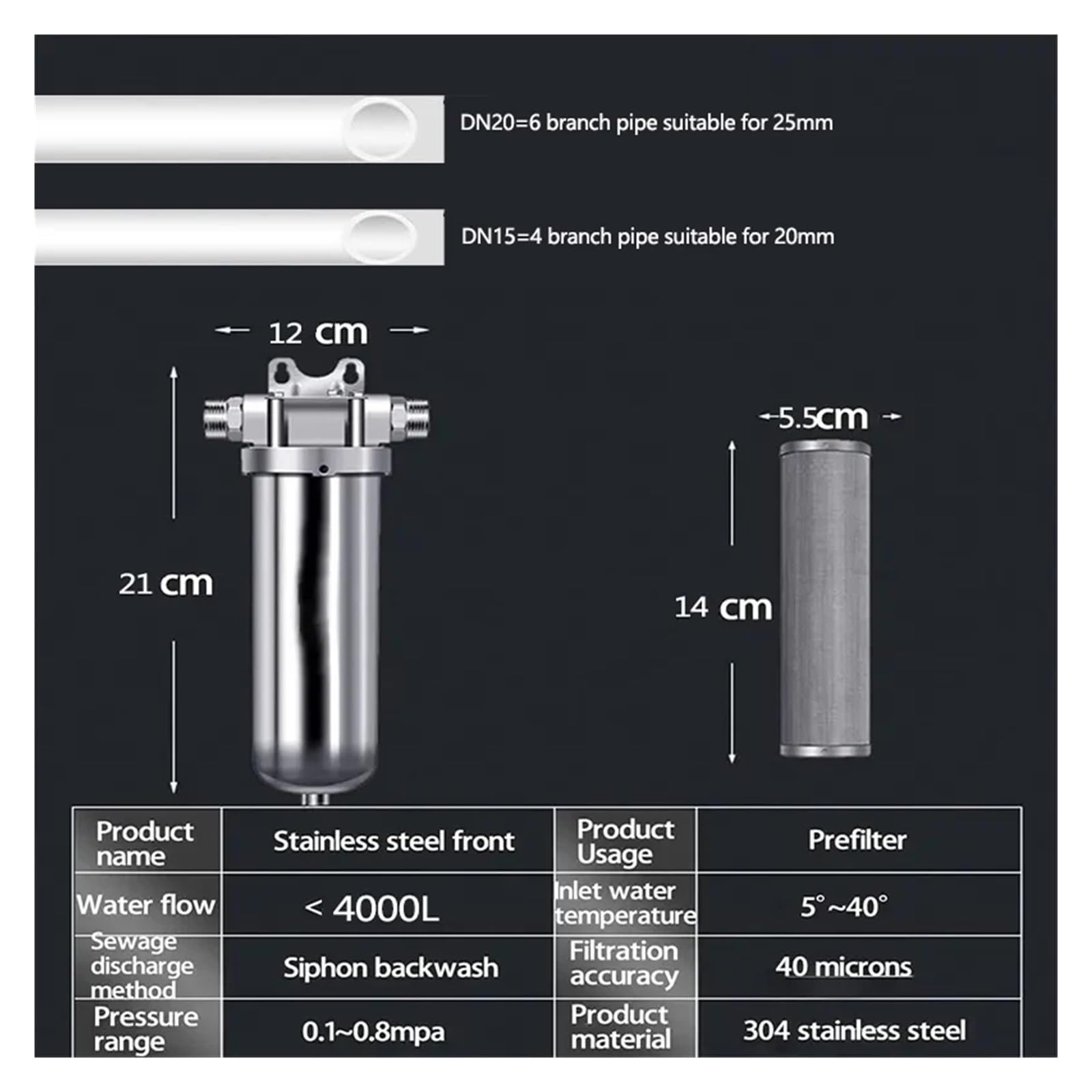 Depuratore d'acqua in acciaio inossidabile con prefiltro for uso domestico con depuratore d'acqua prefiltro Full House Filtrazione da 4 tonnellate Sostituzione sottolavello(4T -DN20)