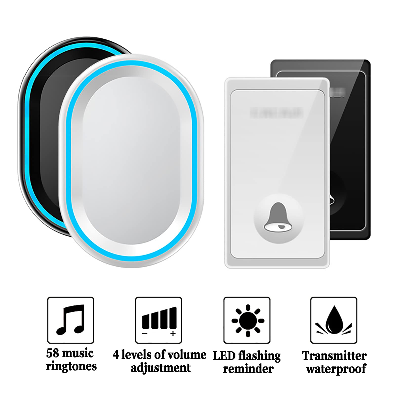 Timbre inalámbrico, Timbre de Puerta de Largo Alcance de 650 pies, Resistente al Agua IP44 con 1 Receptor enchufable, Timbre inalámbrico con 4 Niveles de Volumen, 58 Melo(Blanco)