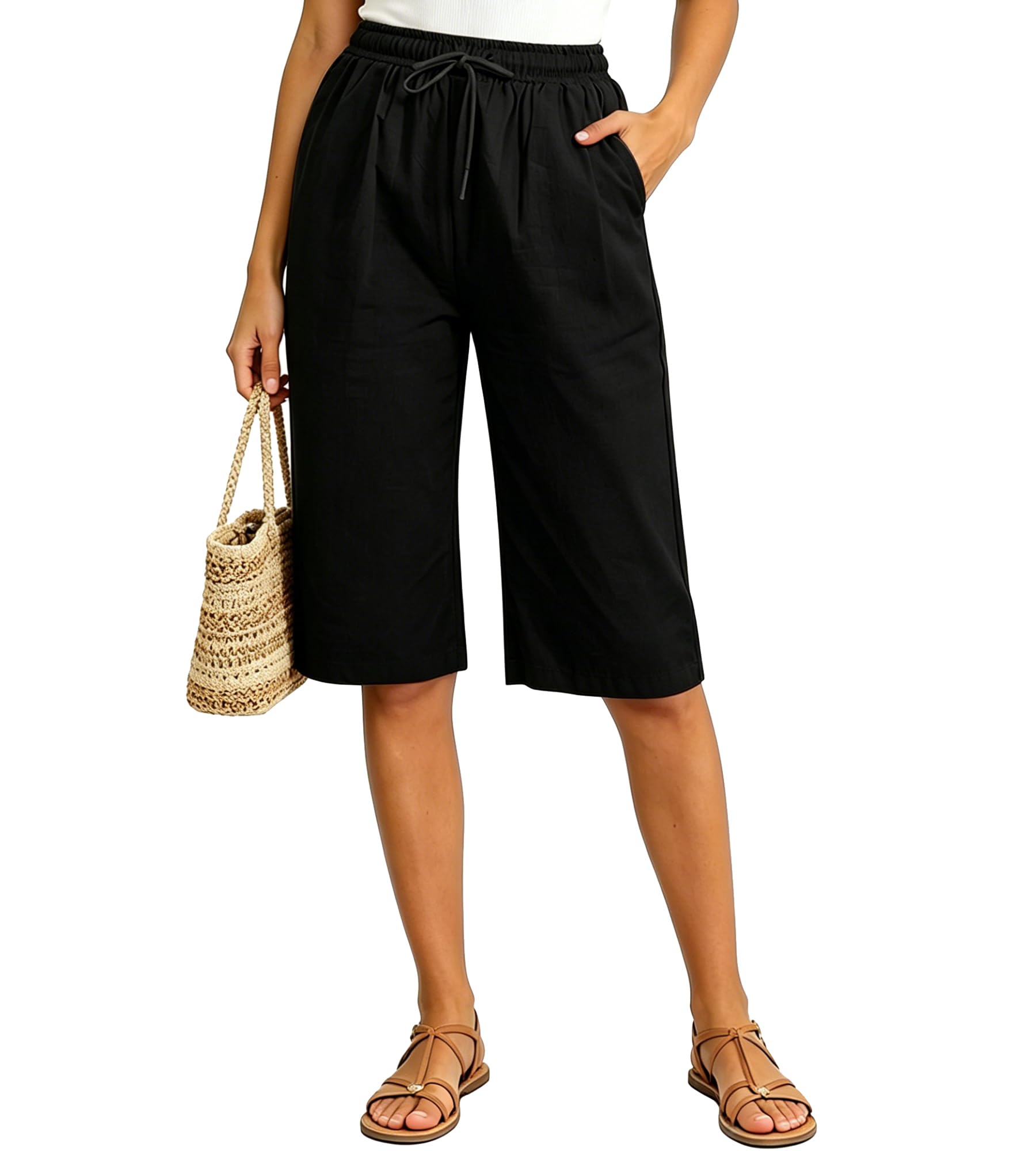 Pantalones Cortos Mujer Algodon Pantalón Corto Verano Cintura Alta Shorts Mujer Casual Bermudas Largo hasta la Rodilla con Bolsillos y Cordón