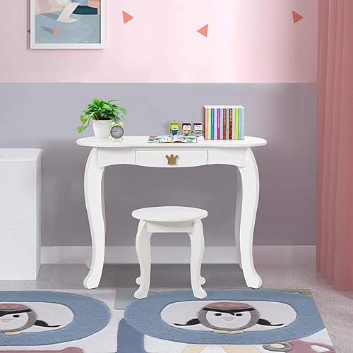 Miniatura 8 de HONEY JOY Vanity - Juego de mesa y silla de maquillaje con temática de corona con cajón y espejo de tres pliegues, espejo desmontable, juego de