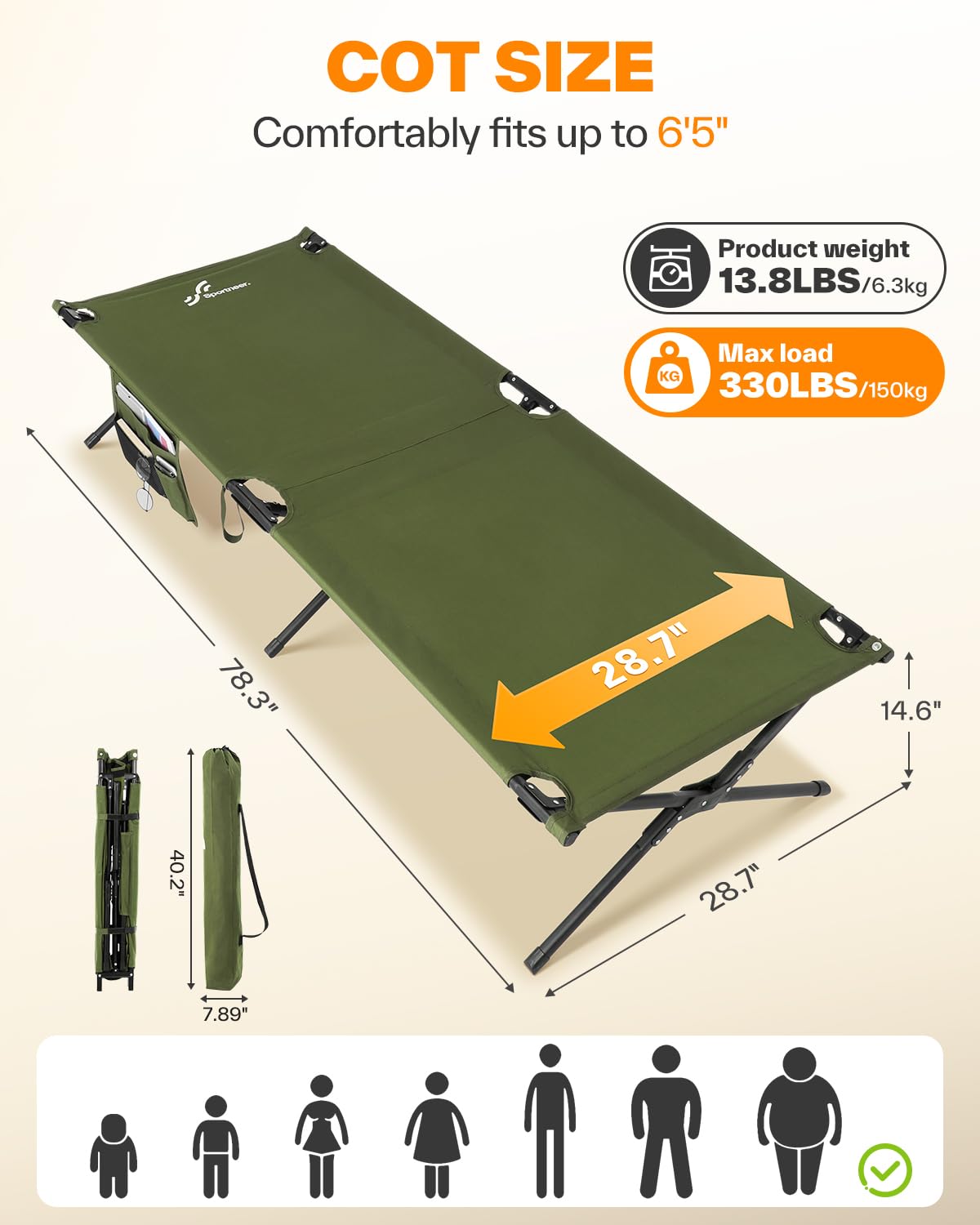 Sportneer Lit de camping, 198,9 x 72,9 x 37,1 cm, lit pliable portable pour adultes avec sac de rangement, supporte 150 kg, compact pour camping, voyage, chambre d'amis à domicile