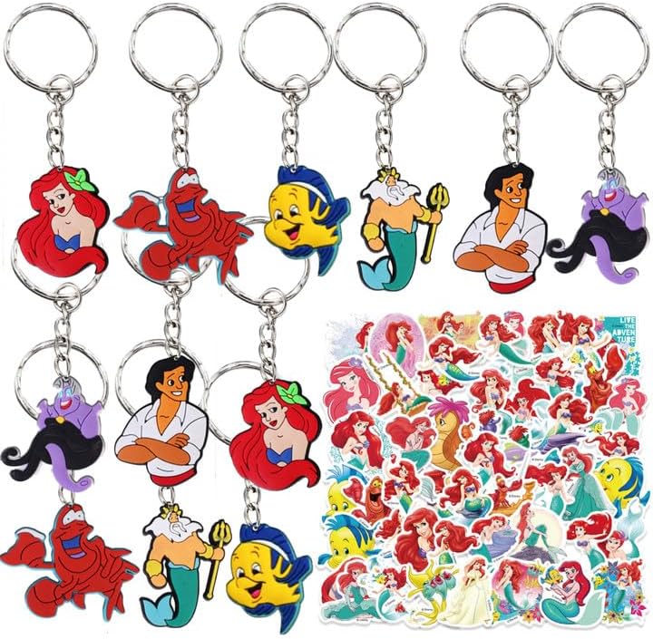 GANKTOWCOY Little Mermaid Birthday Party Favors 18Pcs Keychains and 50Pcs Stickers Little Mermaid Party Supplies Birthday Decorations Christmas Gift Party Bag Pendant, Gift Fillers, Key Tags
