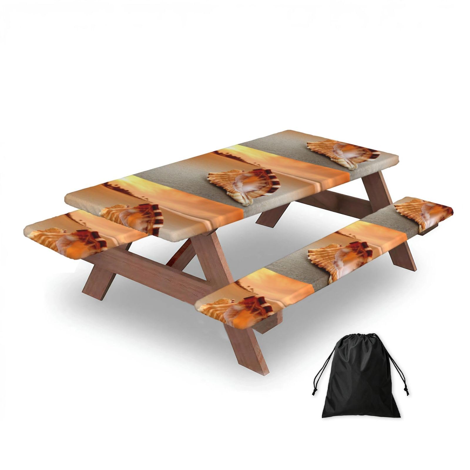 Sunset Over The Sea The Shell Conch, Picnic Table Cover With Bench Covers -Waterproof Elastic Fitted Tablecloth for Garden Camping Patio 76x152cm