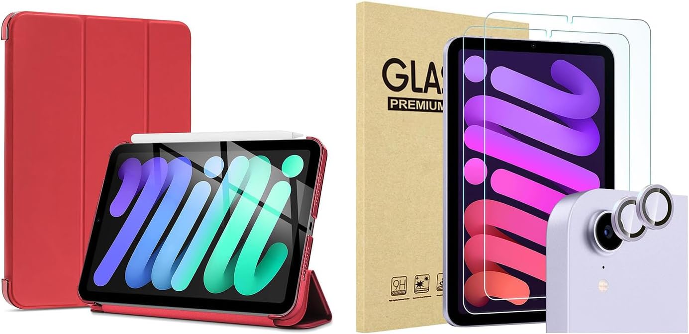 ProCase Smart Case for iPad mini 6 8.3 Inch 2021(Red) Bundle with 2 Pack Screen Protector + 2 Pack Camera Lens Protector Matching iPad Colors(Purple)