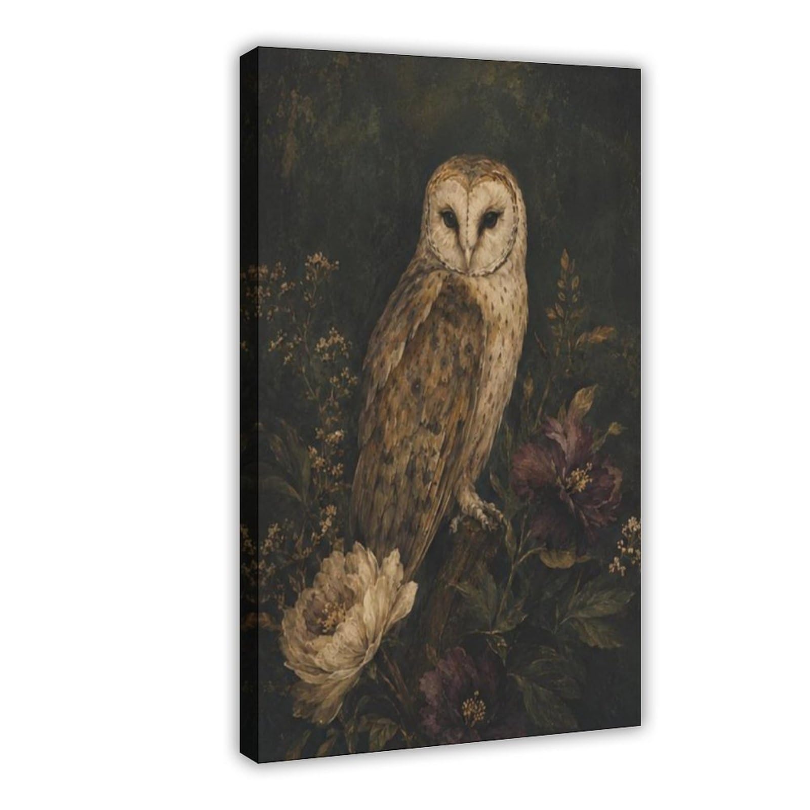 Poster di tela floreale scuro del barbagianni per il regalo della decorazione domestica | Stile cornice, diverse dimensioni, diversi stili di cornice, arte da parete, immagine decorativa, decorazione per la casa