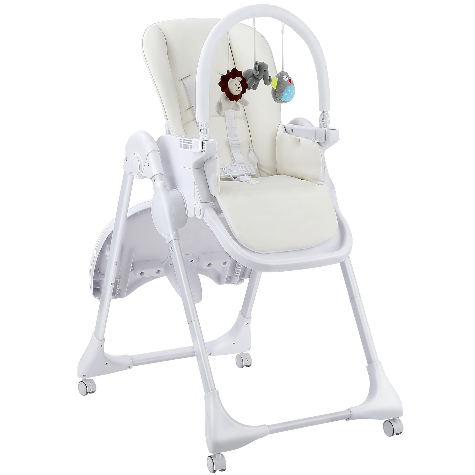 Trona 4 en 1 para bebé con barra de juegos, altura ajustable de 7 pulgadas, asiento elevador, plegable y robable, color beige claro