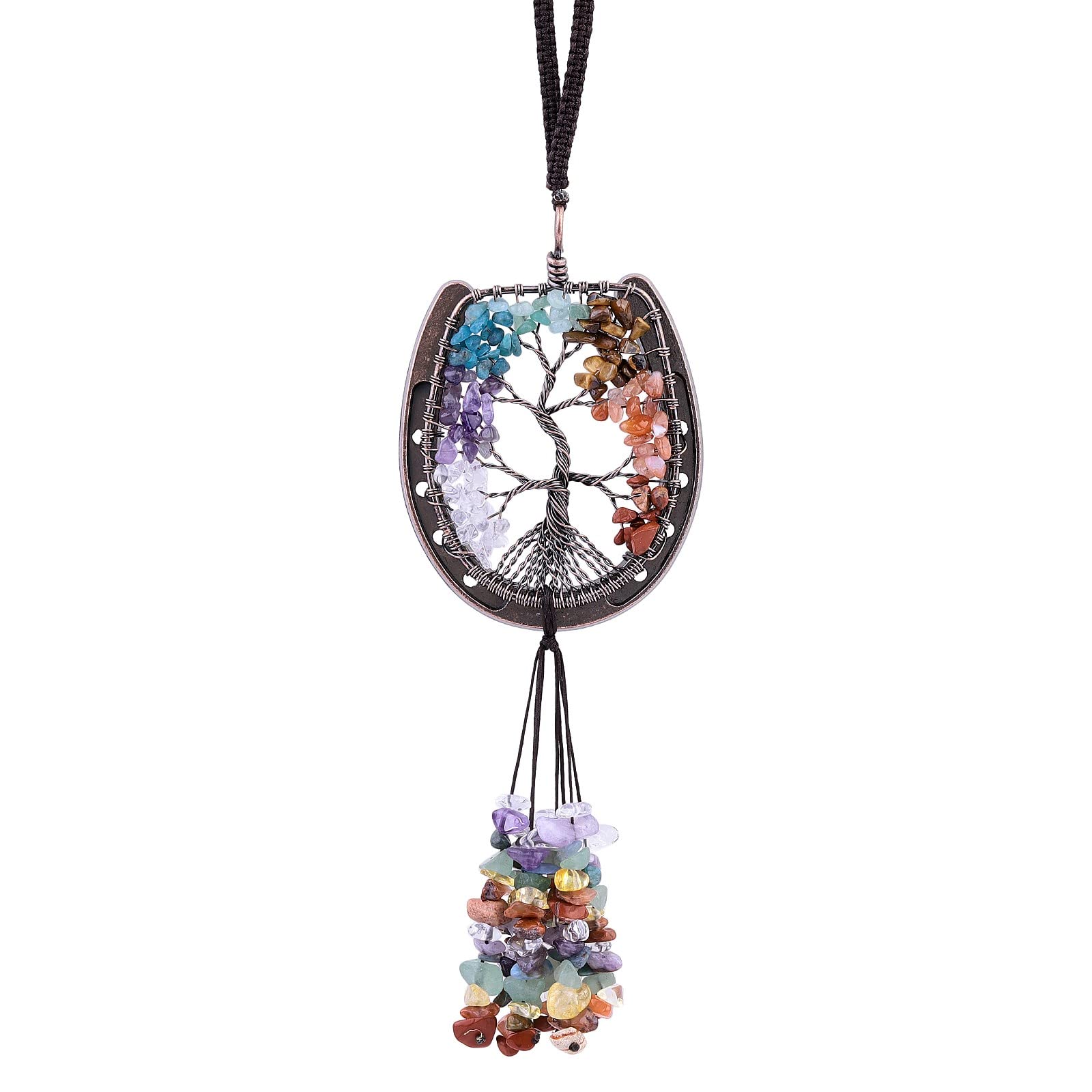 KYEYGWO Horseshoe Shape Crystal Tree of Life Hanging Ornament Reiki Chakra Stone Wall Hanger Decor for Home and Office 7 Chakra & Crystal Chip Stones Pendant