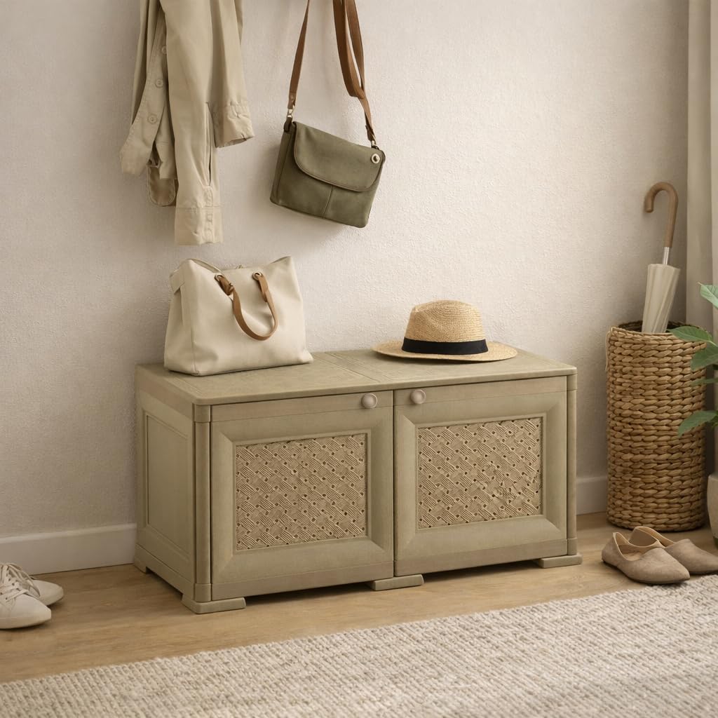 Armadio Contenitore in Plastica con Ante Traforate – Mobile Decorativo per Organizzazione Casa e Zona Living (Taupe, 79 x 43 x 46 cm)