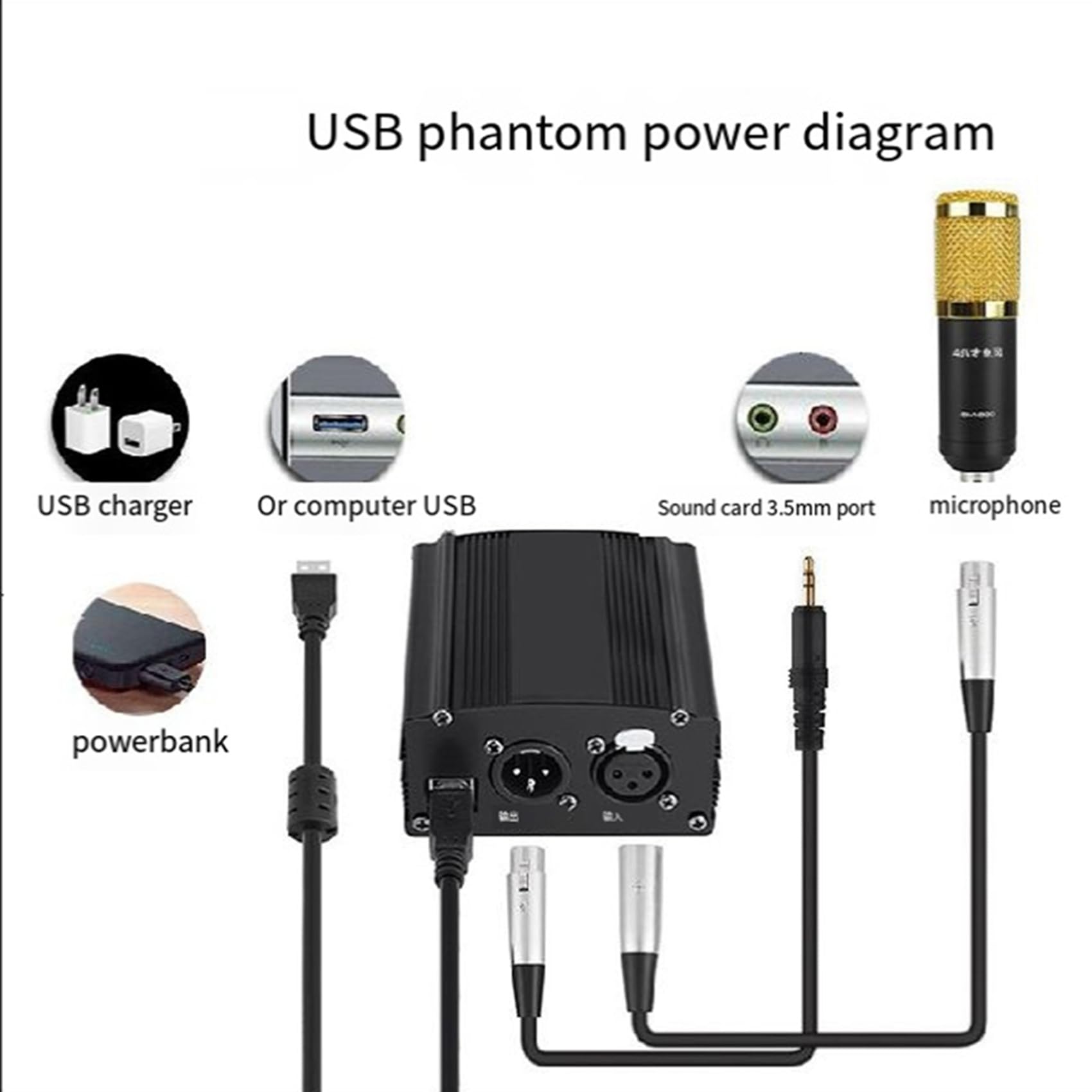 2 x 1 canal de alimentación fantasma de 48 V con cable de micrófono XLR de 3 pines para dispositivos de grabación de música