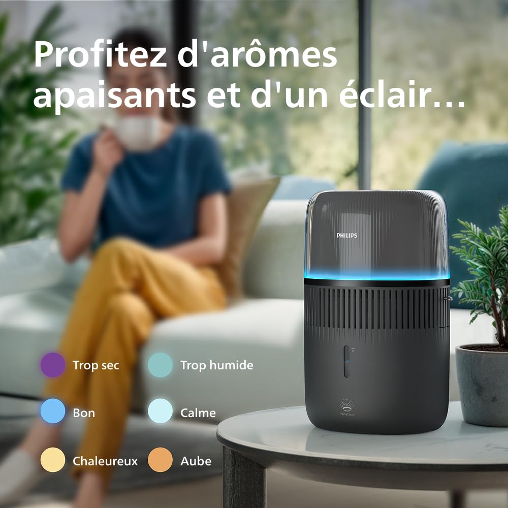 Philips Humidificateur d'air Série 5000 - jusqu'à 45m², débit de 300ml/h, silencieux 12dB, NanoCloud 99% bactéries en moins, 4.5L, mode sommeil, minuteur, connecté, aromathérapie, Noir (HU5600/03)