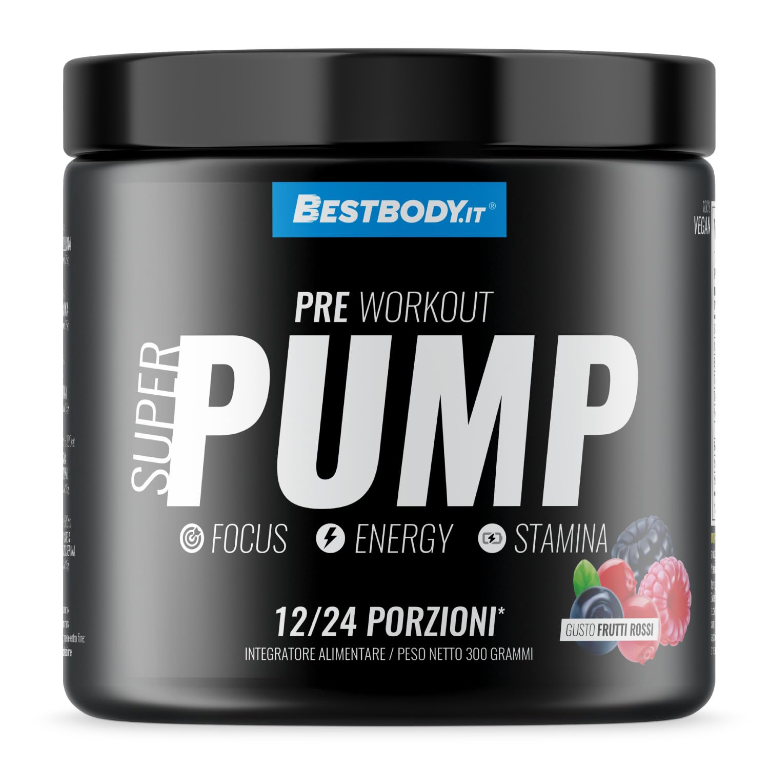 BestBody - Super Pump - Pre Workout con Citrullina, Arginina, Beta Alanina, Torosina, Taurina, Yerba Mate, Gusto Frutti Rossi, 300 grammi