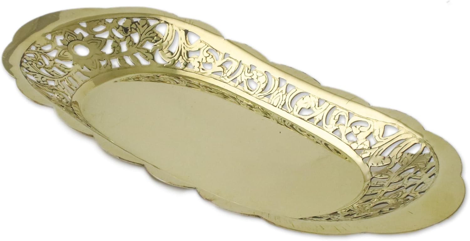 NOVICA Artisan Handmade Brass Catchall Ornate Floral Openwork Decorative Oval Metallic Thailand Accessories Catchalls Trays [1in H x 9.5in W x 4.1in D] ' Thai Living'