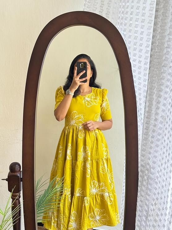 Image of Women's Pure Cotton Maxi Midi Dress Western Dress for Women Elegant Floral Printed Long Dresses | Soft & Breathable Fabric | Casual Trending Dress