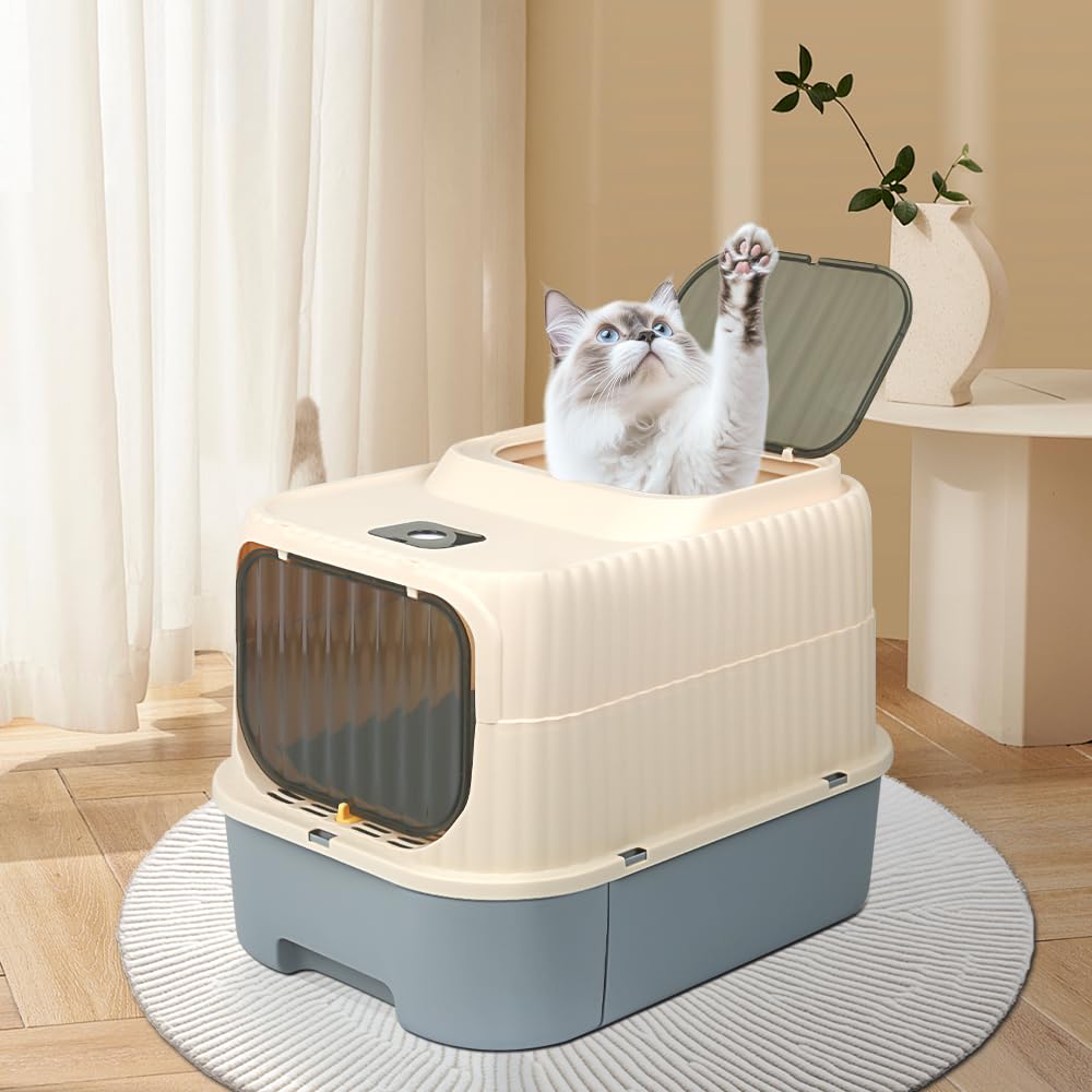 Bac à Litière pour Chat, Fermé, Maison de Toilette, Plateau Amovible, Pelle, pour Grand Chat, Capacité de Charge 15 kg, Anti-Traces, Anti-fuites, 37 x 49 x 37 cm (Gris)