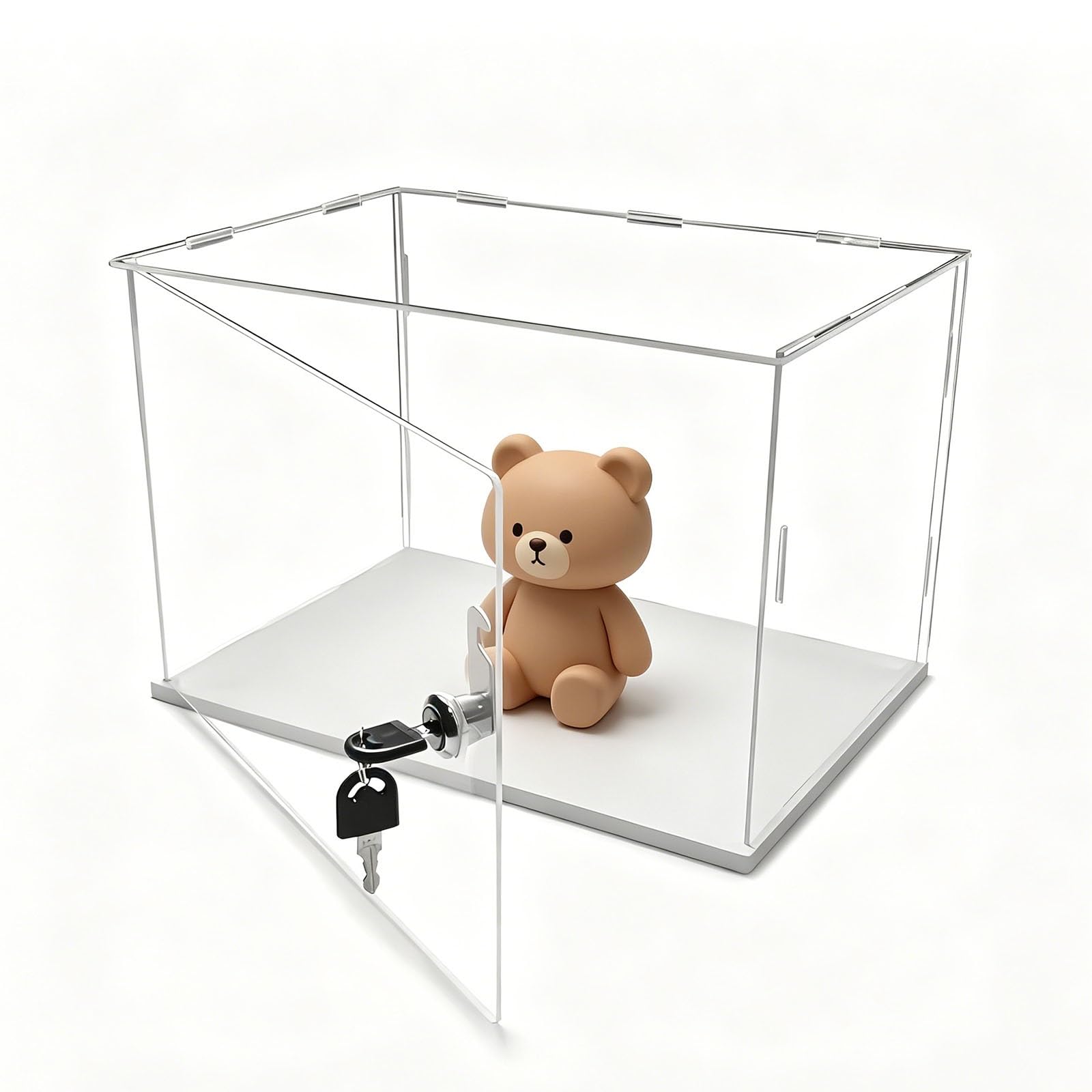 Clear Action Figure Display Case with Lock, Simple Self-Assembly Storage Box, Cube Countertop Acrylic Boxes with White Base(25x25x25cm(10x10x10in))