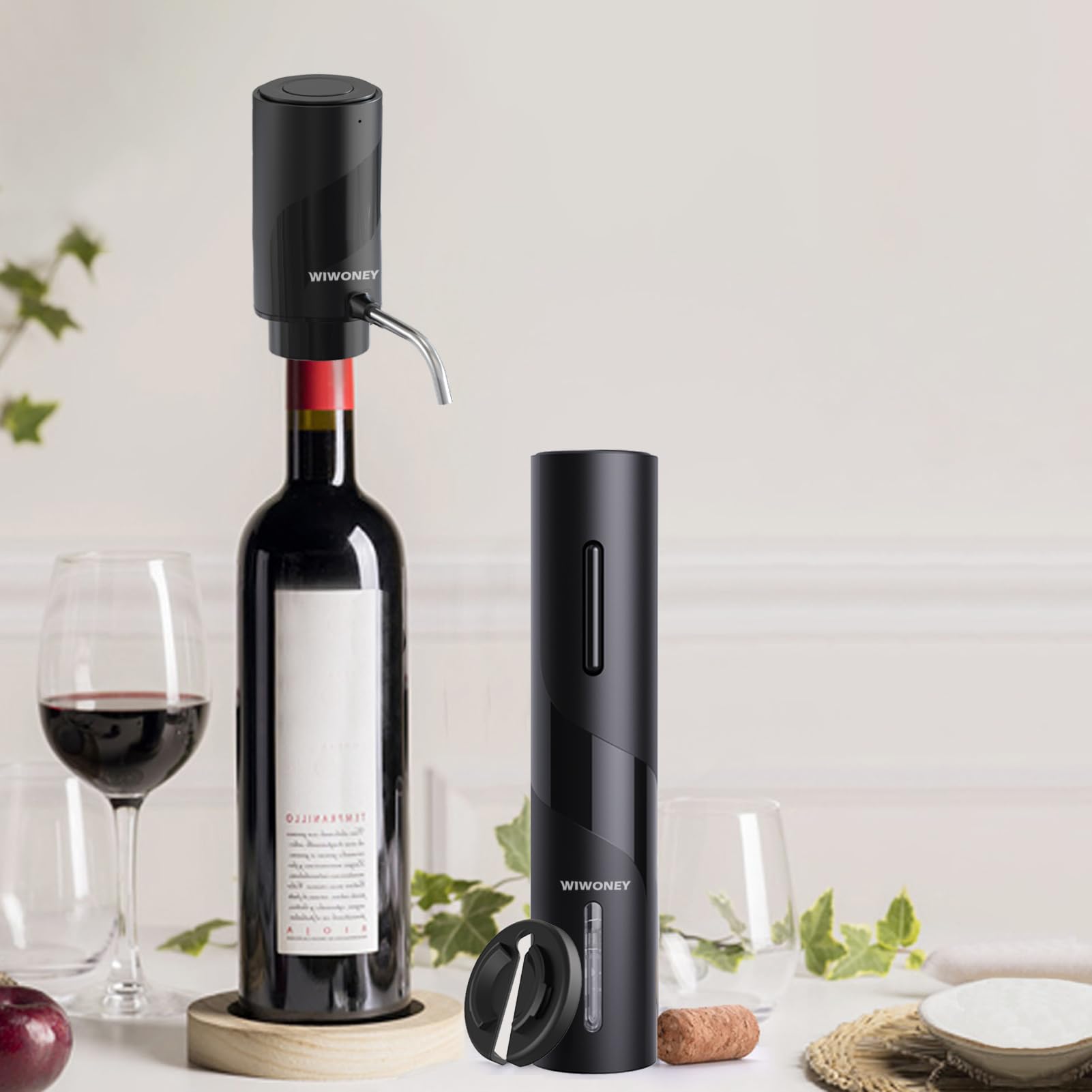 Korkenzieher Elektrisch Wiederaufladbar, 4 in 1 Set mit Automatischer Flaschenöffner, Elektrischer Weinbelüfter, Folienschneider und Vakuumstopfen, Geschenkset für Weinliebhaber, Schwarz