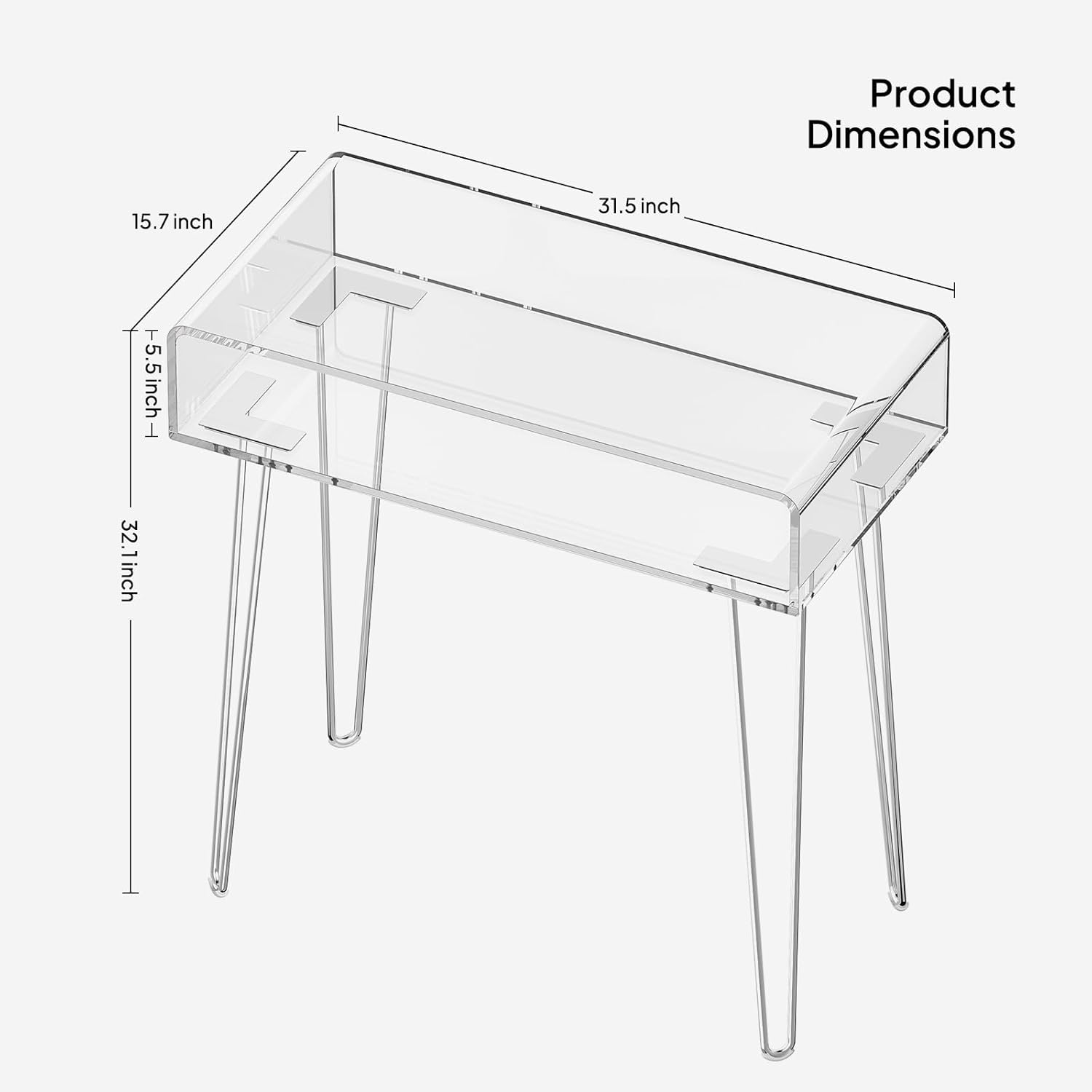 Eglaf Acrylic Vanity Desk - Small Makeup Vanity Table Dressing Table - 31.5'' L x 15.7'' W x 32.1'' H, Large Storage Space, for Bedroom, Dressing Room, Silver Metal Legs