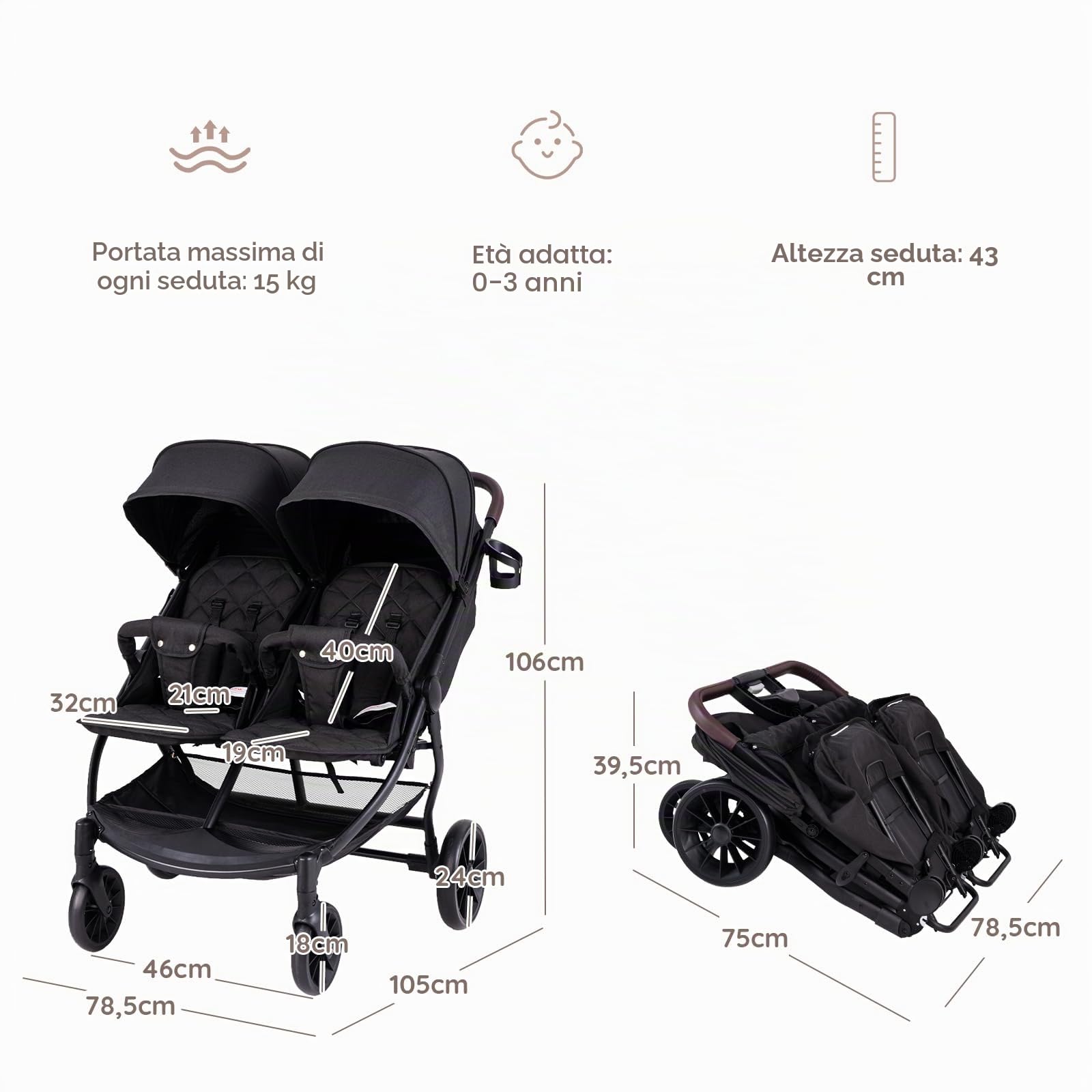 LIFEZEAL Passeggino gemellare, passeggino per gemelli pieghevole, passeggino doppio con schienale reclinabile in 3 posizioni, imbracatura a 5 punti, per bambini da 0 a 3 anni (grigio scuro)